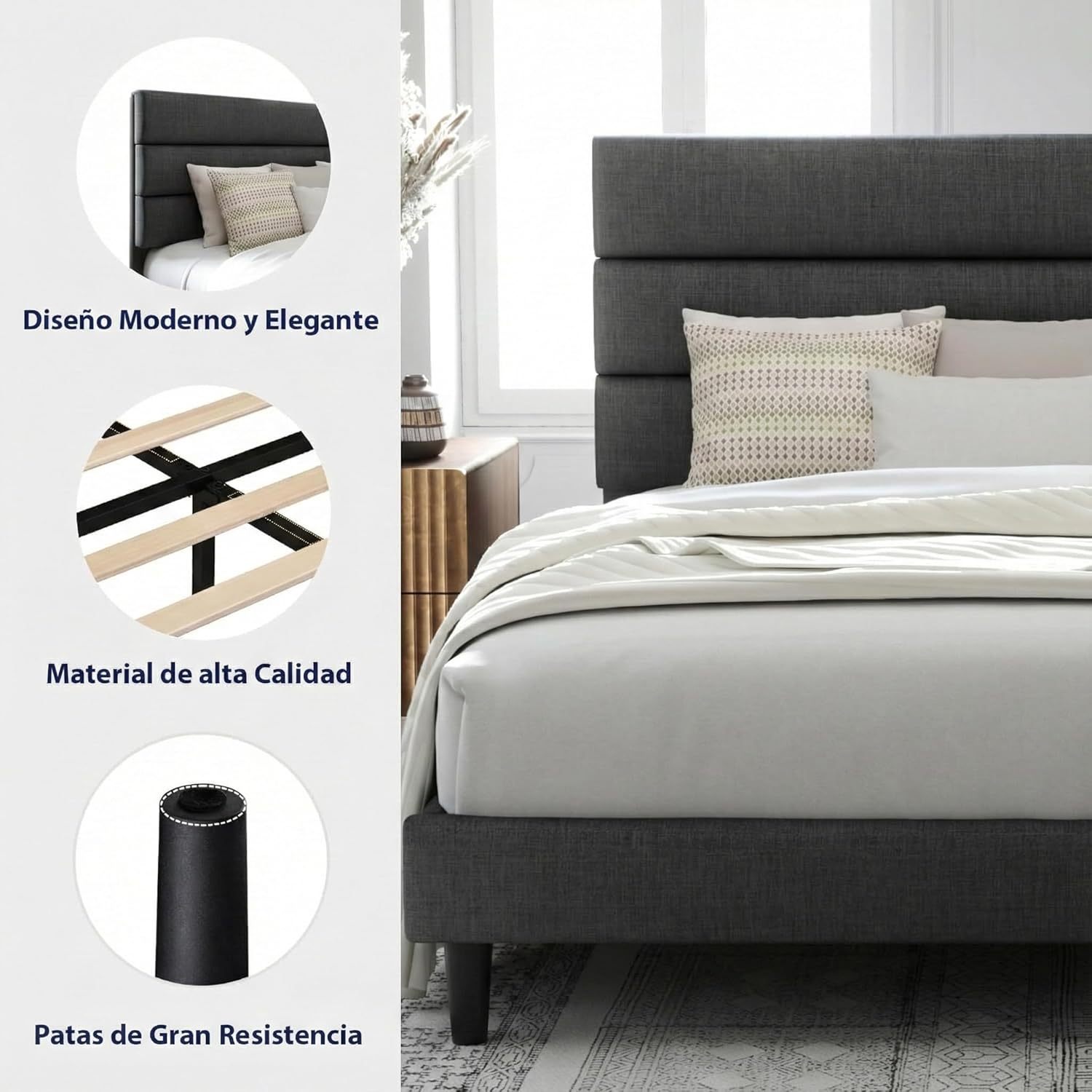 FURRIFIC Double Bed Base with Upholstered Headboard, High Density Metal and Natural Structure, Firm Support without Box Spring, Modern Bed with Resistant Slats, Charcoal Gray