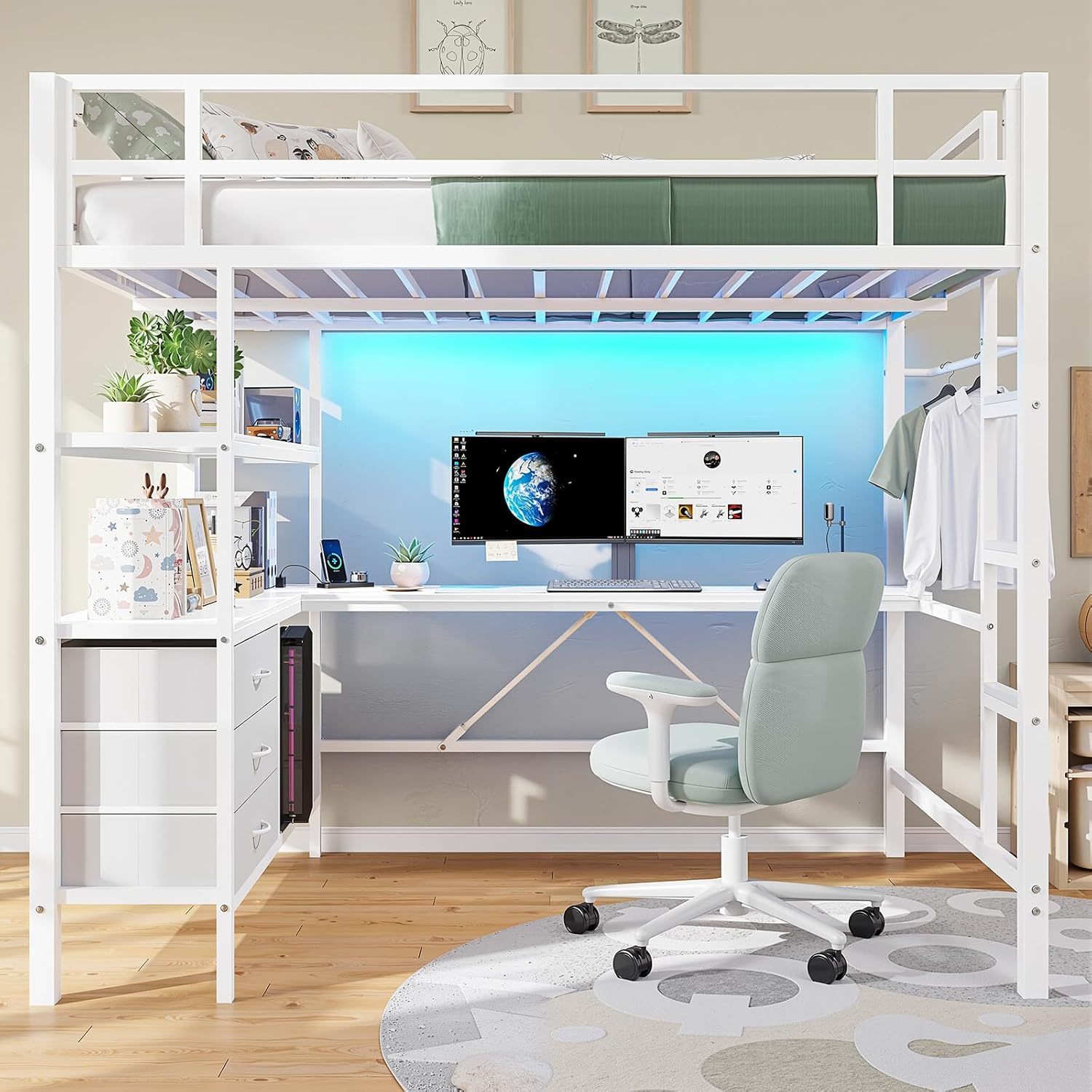 Double Bunk Bed with L-Shaped Desk and USB Charging, High Bed with RGB LED Lights, 3 Shelves and 3 Fabric Drawers, Reinforced Metal Bunk Bed with Storage, Double Bed for Bedroom, White
