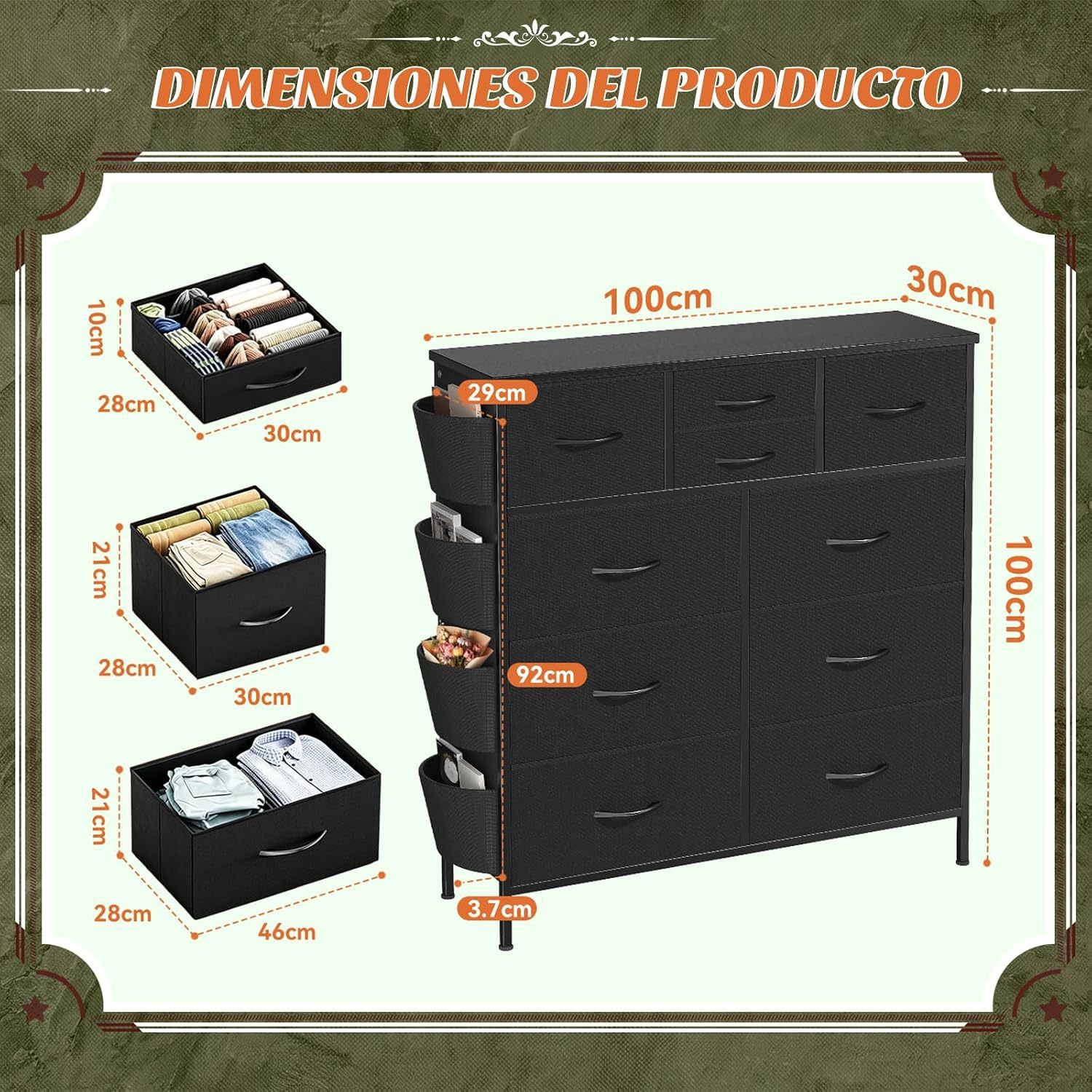 FURRIFIC Bedroom Dresser, with 10 Fabric Drawers, Side Pocket and Resistant Steel Structure, Clothes Organizer Furniture, Black