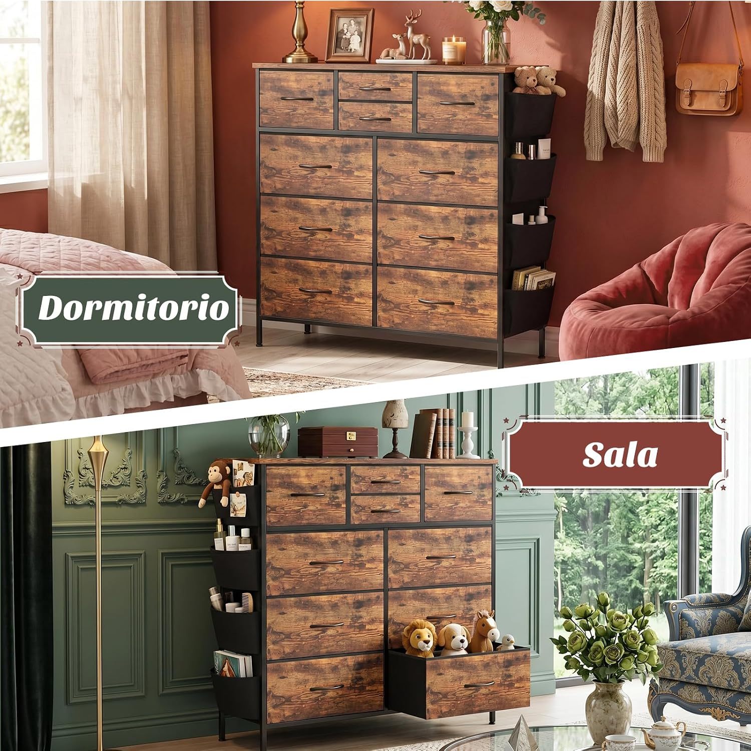 FURRIFIC Bedroom Dresser, with 10 Fabric Drawers, Side Pocket and Resistant Steel Structure, Clothes Organizer Furniture, Brown