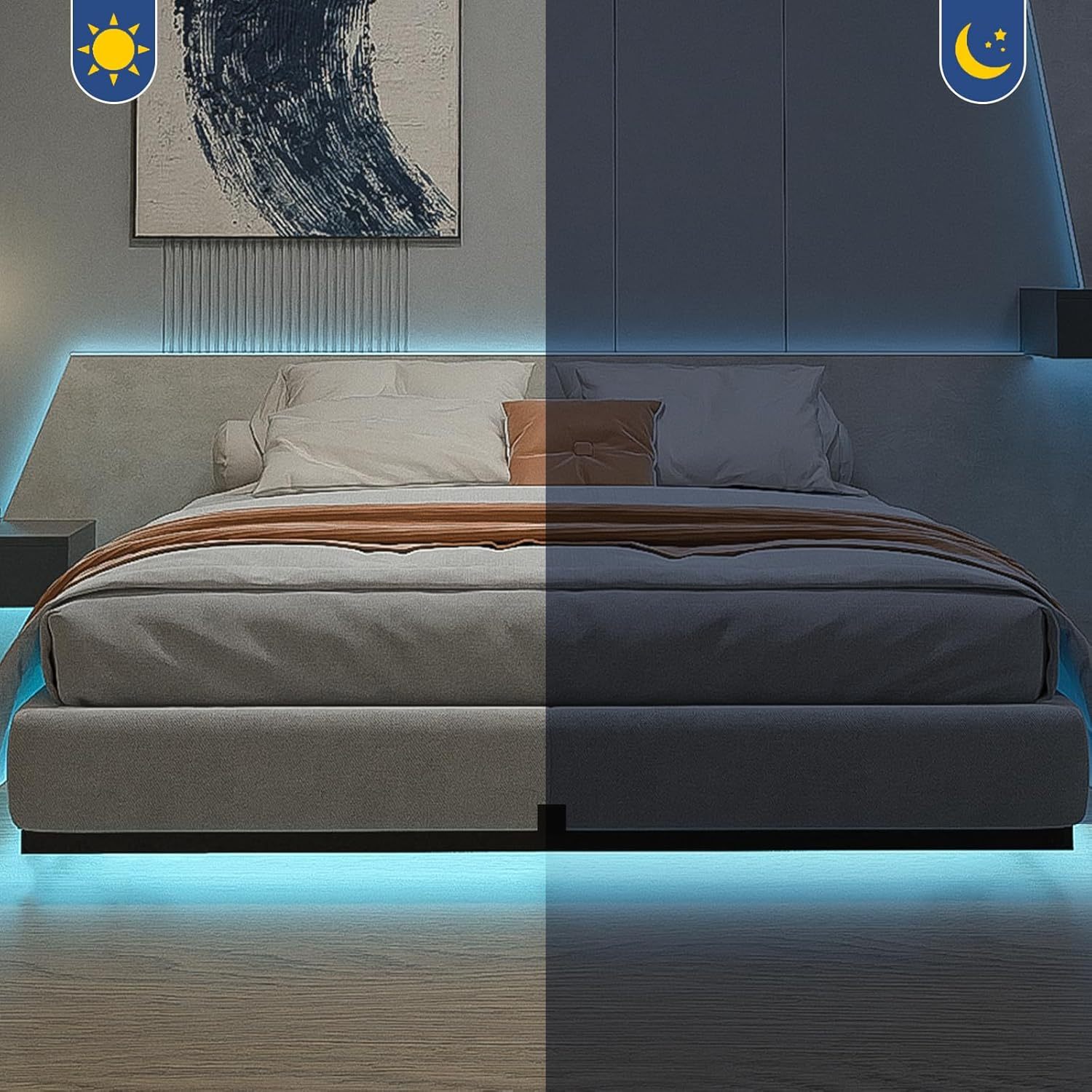 SAFONUS Double Bed Base Floating - with Adjustable LED Lights, Power Strip with USB, Metal Platform with Resistant Steel Slats with 9 Support Points (Matrimonial)