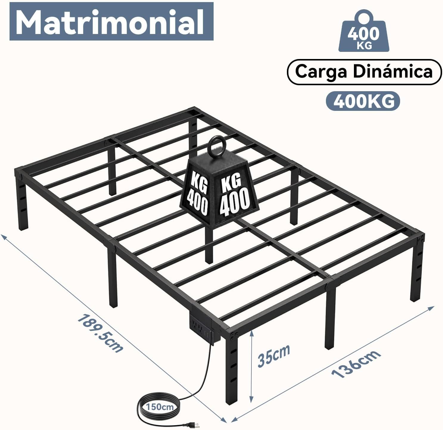 SAFONUS Simple and atmospheric Platform Metal Bed Frame, Under Bed Storage Space, Sturdy Frame (Double with Plug)
