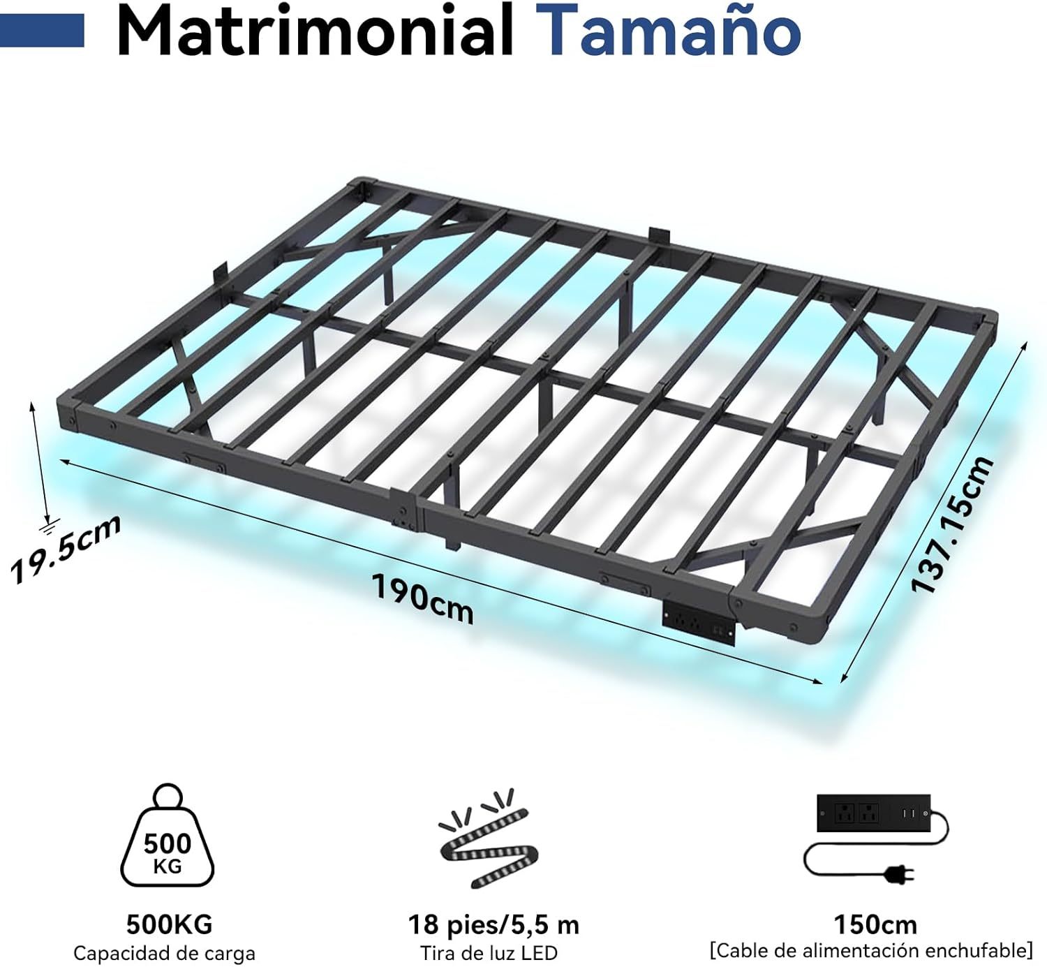 SAFONUS Double Bed Base Floating - with Adjustable LED Lights, Power Strip with USB, Metal Platform with Resistant Steel Slats with 9 Support Points (Matrimonial)
