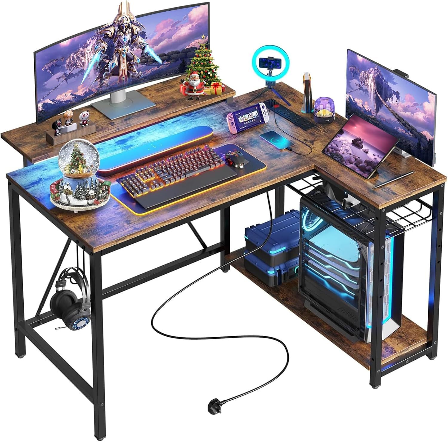 FURRIFIC L-Shaped Computer Desk, Minimalist Desk with Monitor Stand, Gamer Desk Steel Structure, Power Outlet, Headphone Coat Rack (Retro)
