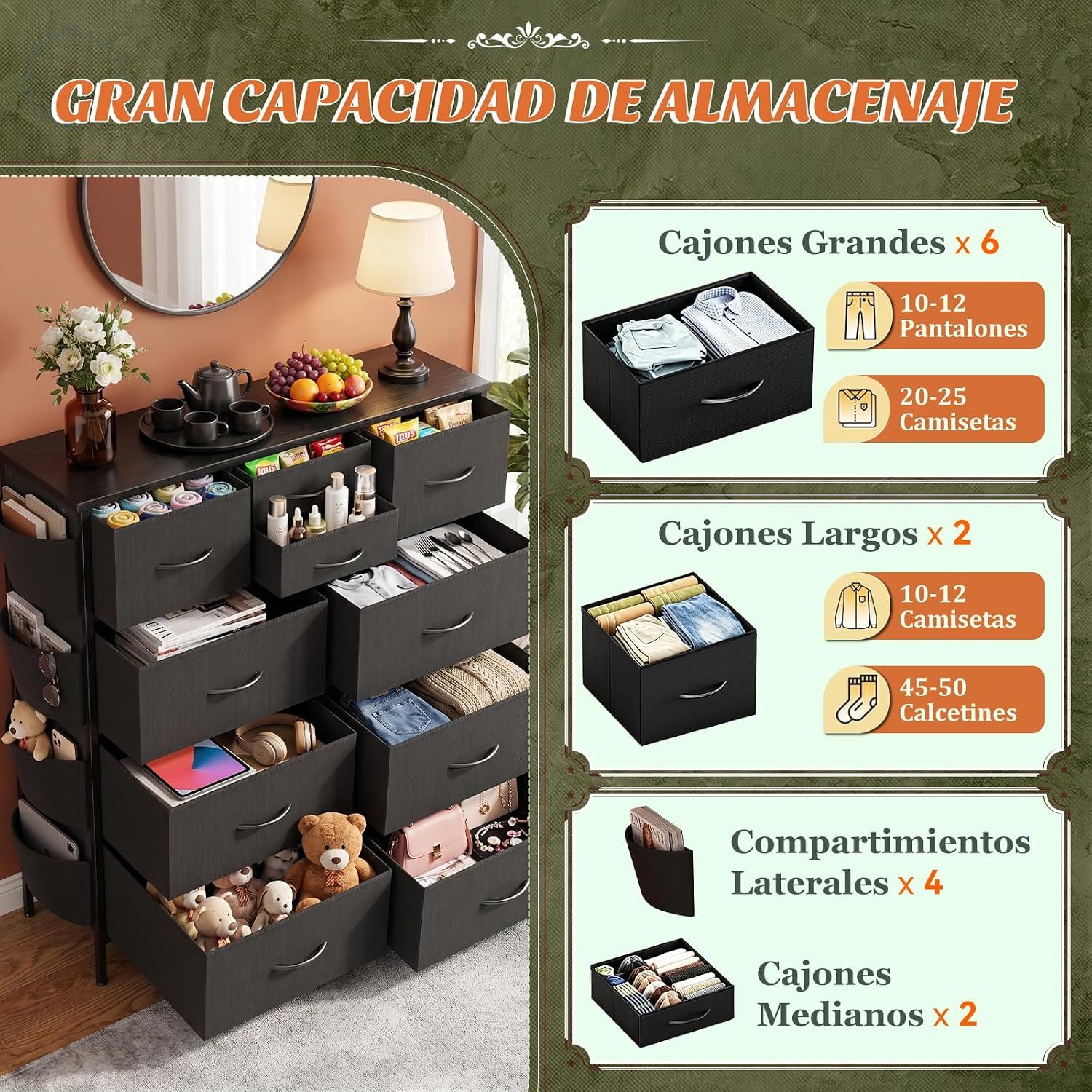 FURRIFIC Bedroom Dresser, with 10 Fabric Drawers, Side Pocket and Resistant Steel Structure, Clothes Organizer Furniture, Black
