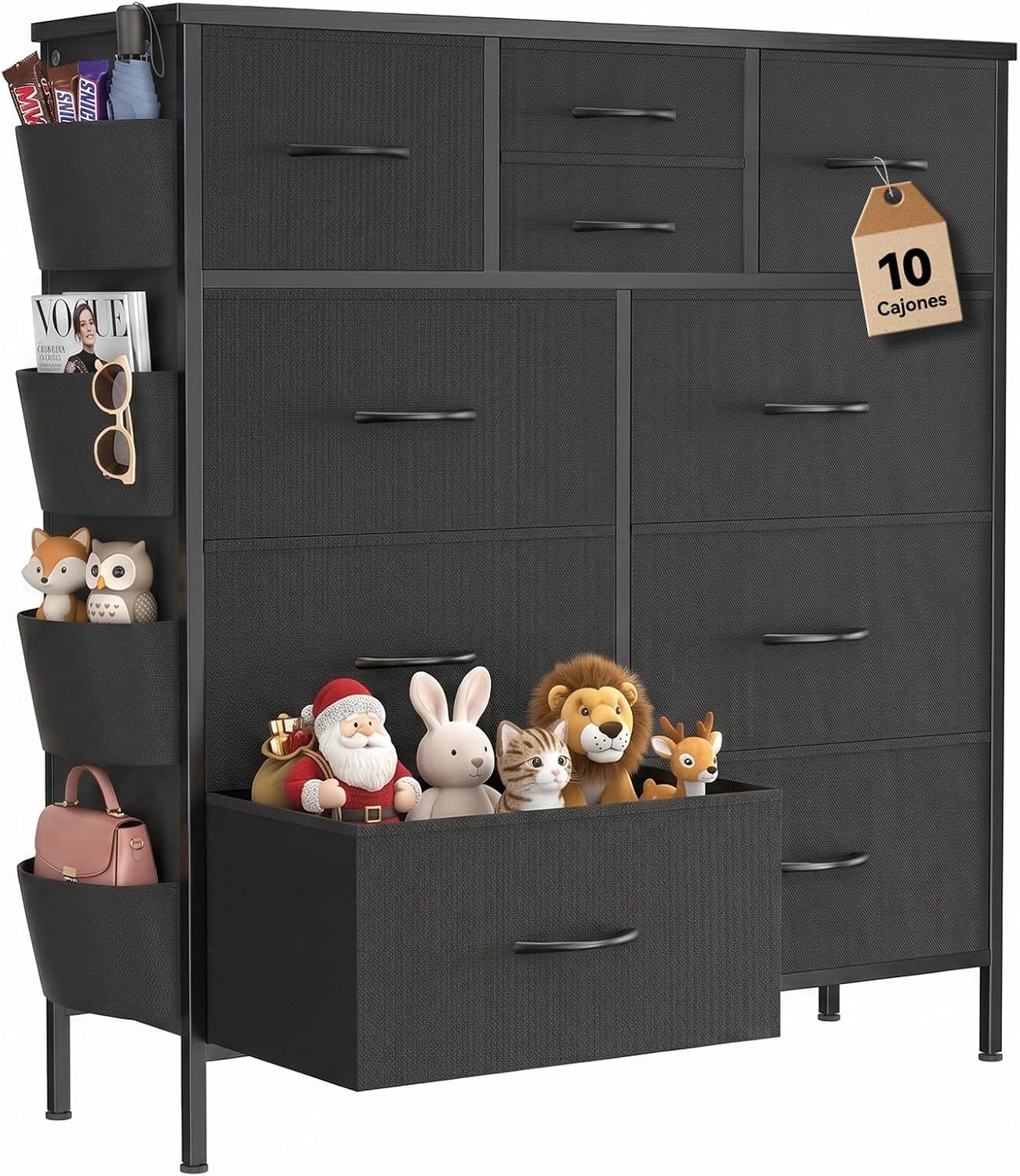 FURRIFIC Bedroom Dresser, with 10 Fabric Drawers, Side Pocket and Resistant Steel Structure, Clothes Organizer Furniture, Black