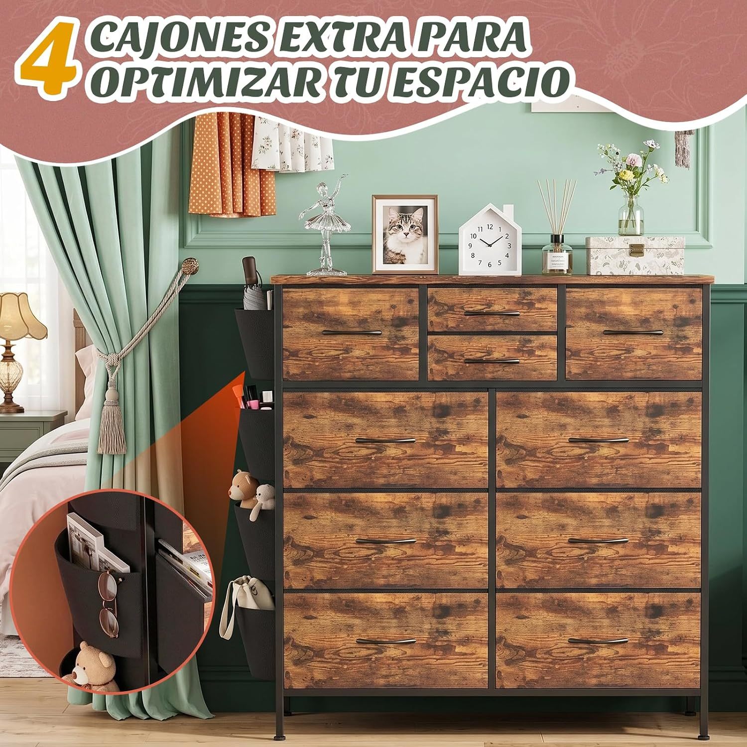 FURRIFIC Bedroom Dresser, with 10 Fabric Drawers, Side Pocket and Resistant Steel Structure, Clothes Organizer Furniture, Brown