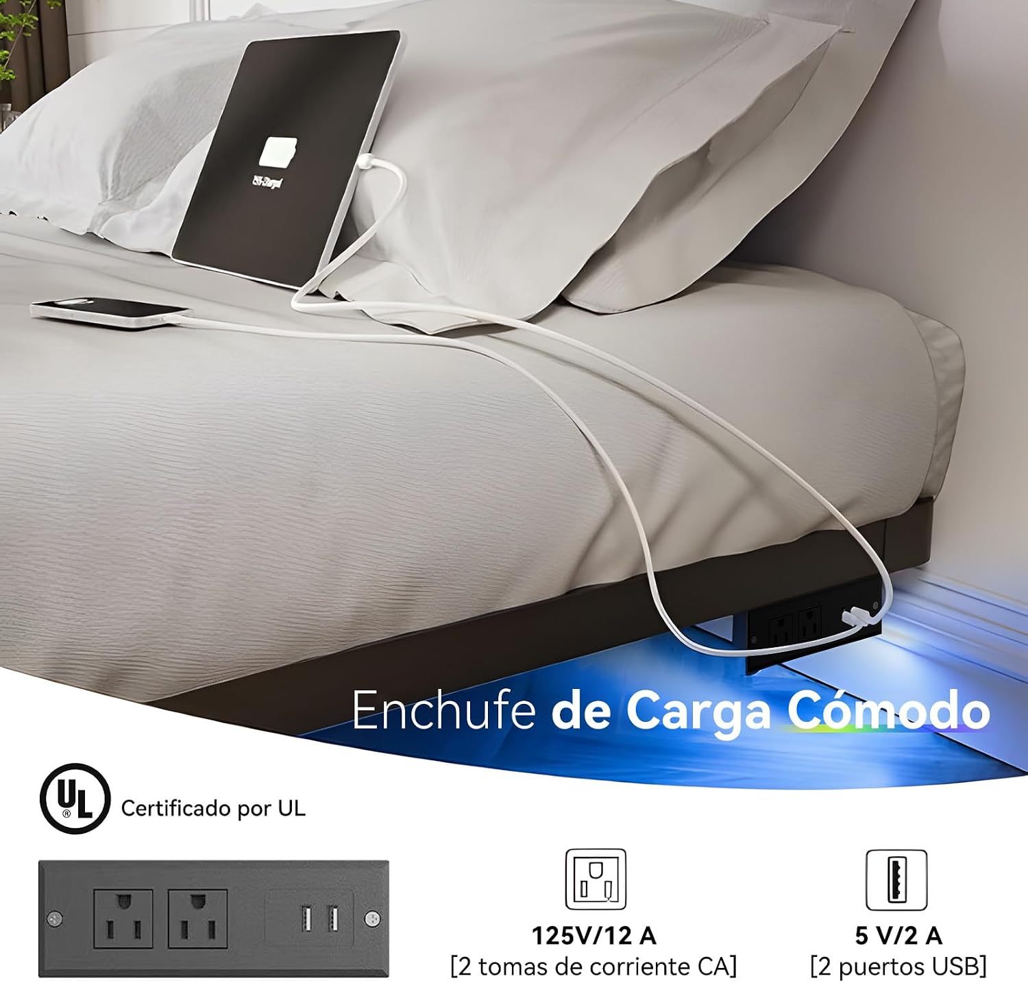 SAFONUS Double Bed Base Floating - with Adjustable LED Lights, Power Strip with USB, Metal Platform with Resistant Steel Slats with 9 Support Points (Matrimonial)