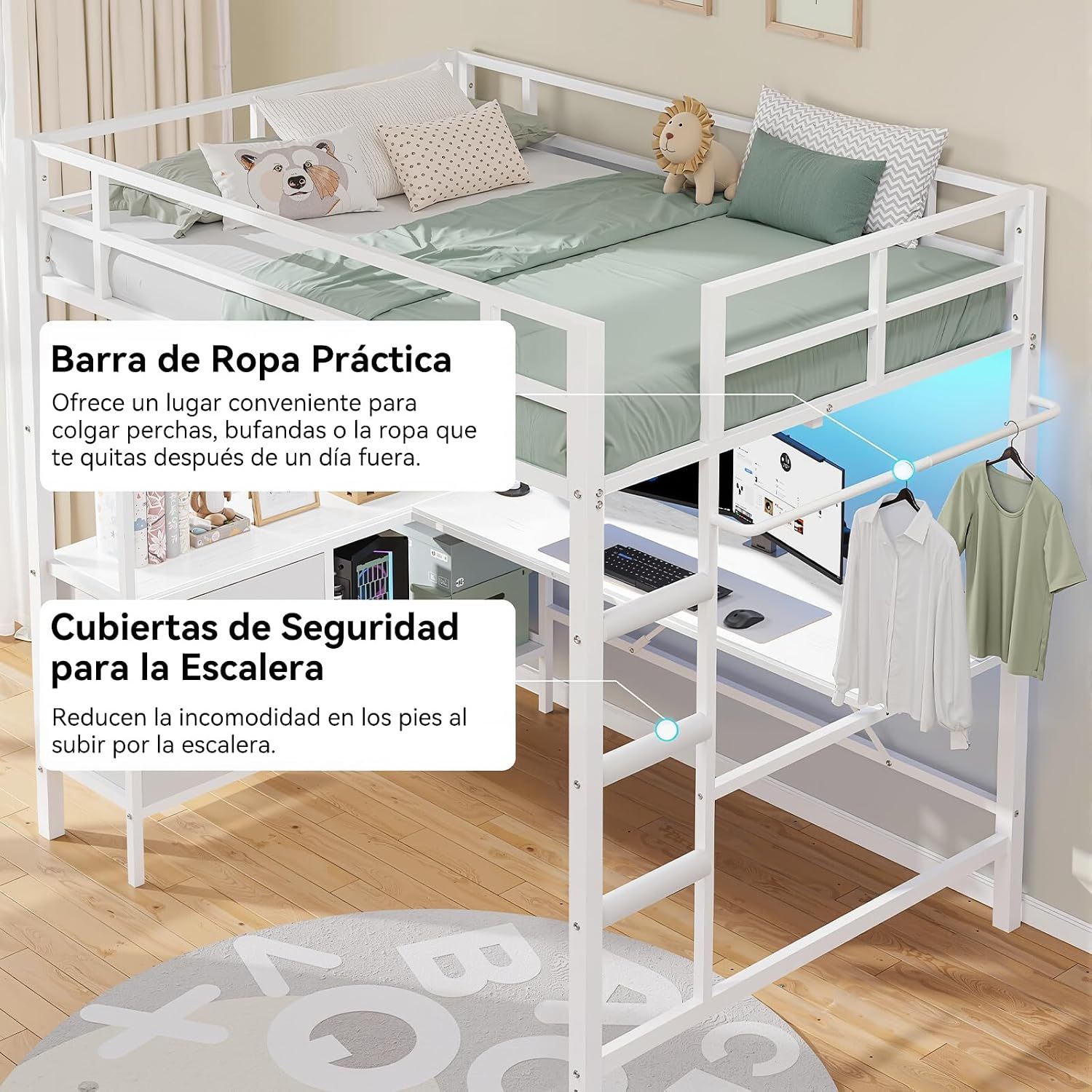 Double Bunk Bed with L-Shaped Desk and USB Charging, High Bed with RGB LED Lights, 3 Shelves and 3 Fabric Drawers, Reinforced Metal Bunk Bed with Storage, Double Bed for Bedroom, White