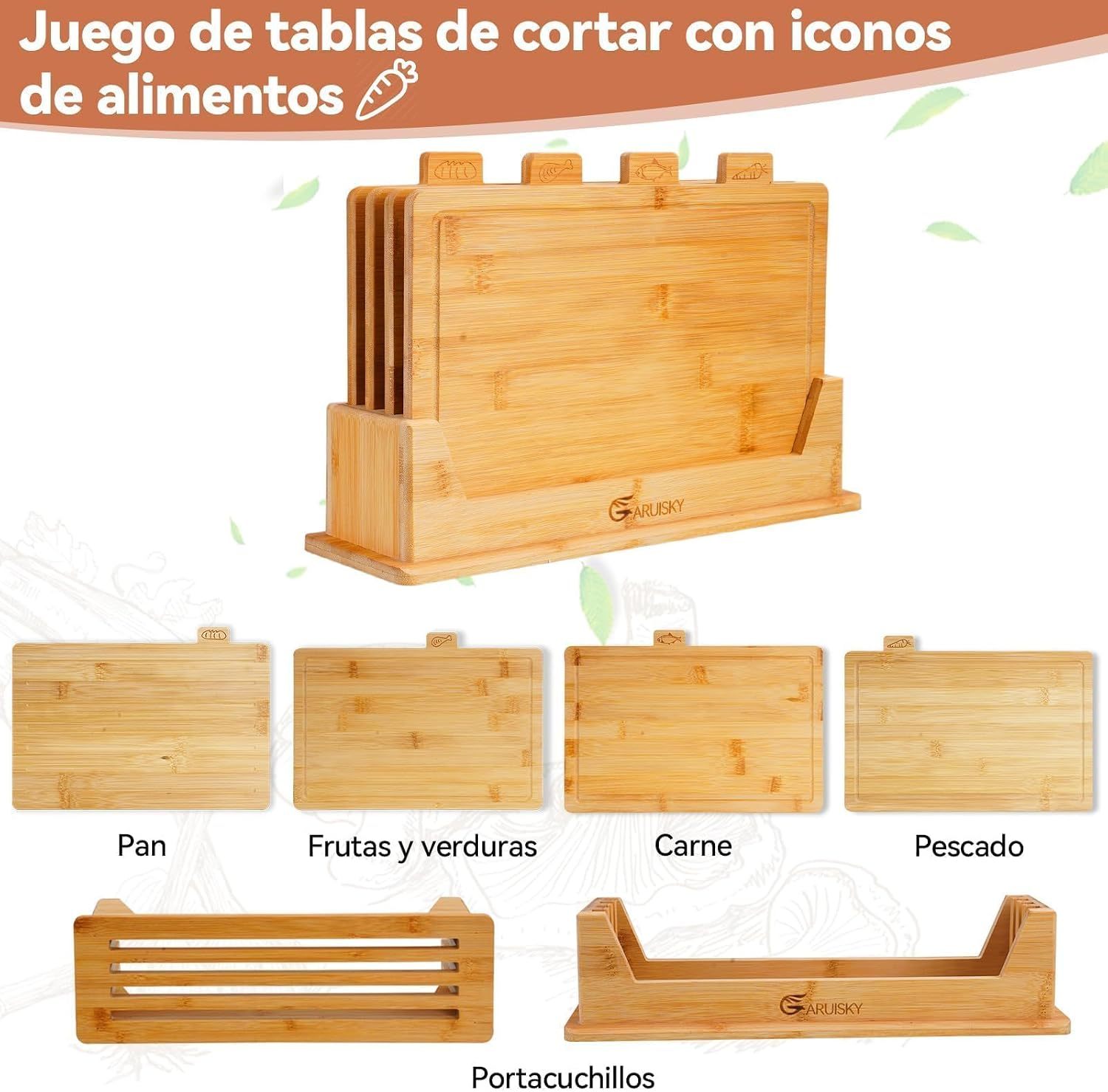 GARUISKY Set of 4 Kitchen Cutting Boards with Stand, Chopping Board Ideal for Meat, Cheese, Vegetables and Fruits, Kitchen Tools and Gadgets for Food Preparation, For Chef and Home