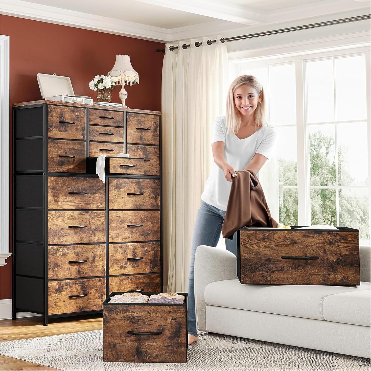 QYIKLPY Chest of Drawers for Bedroom 145 x 95 x 30cm with 16 Drawers, Bedroom Furniture, Clothes Furniture, Metal Organizer, Comfortable Bedroom Furniture High Clothes