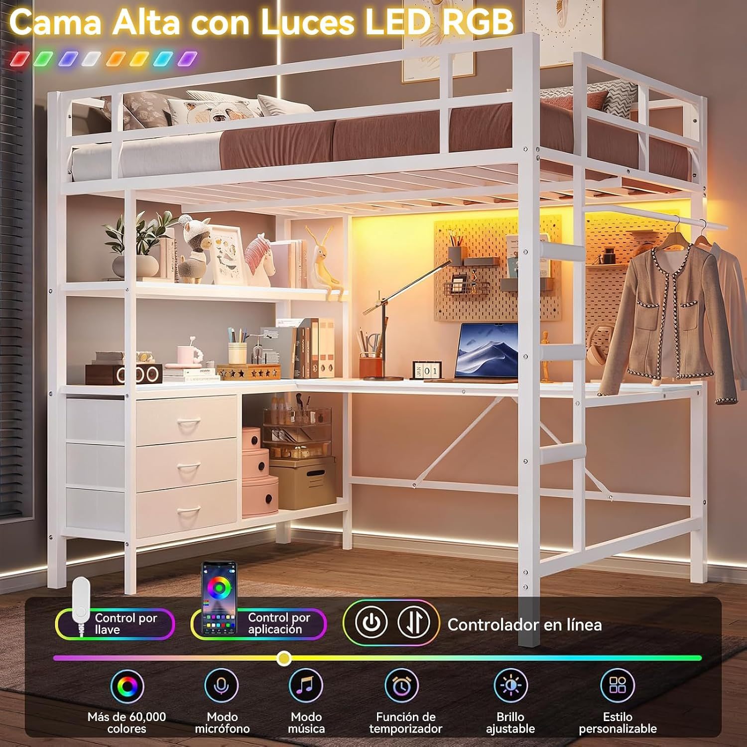 Double Bunk Bed with L-Shaped Desk and USB Charging, High Bed with RGB LED Lights, 3 Shelves and 3 Fabric Drawers, Reinforced Metal Bunk Bed with Storage, Double Bed for Bedroom, White