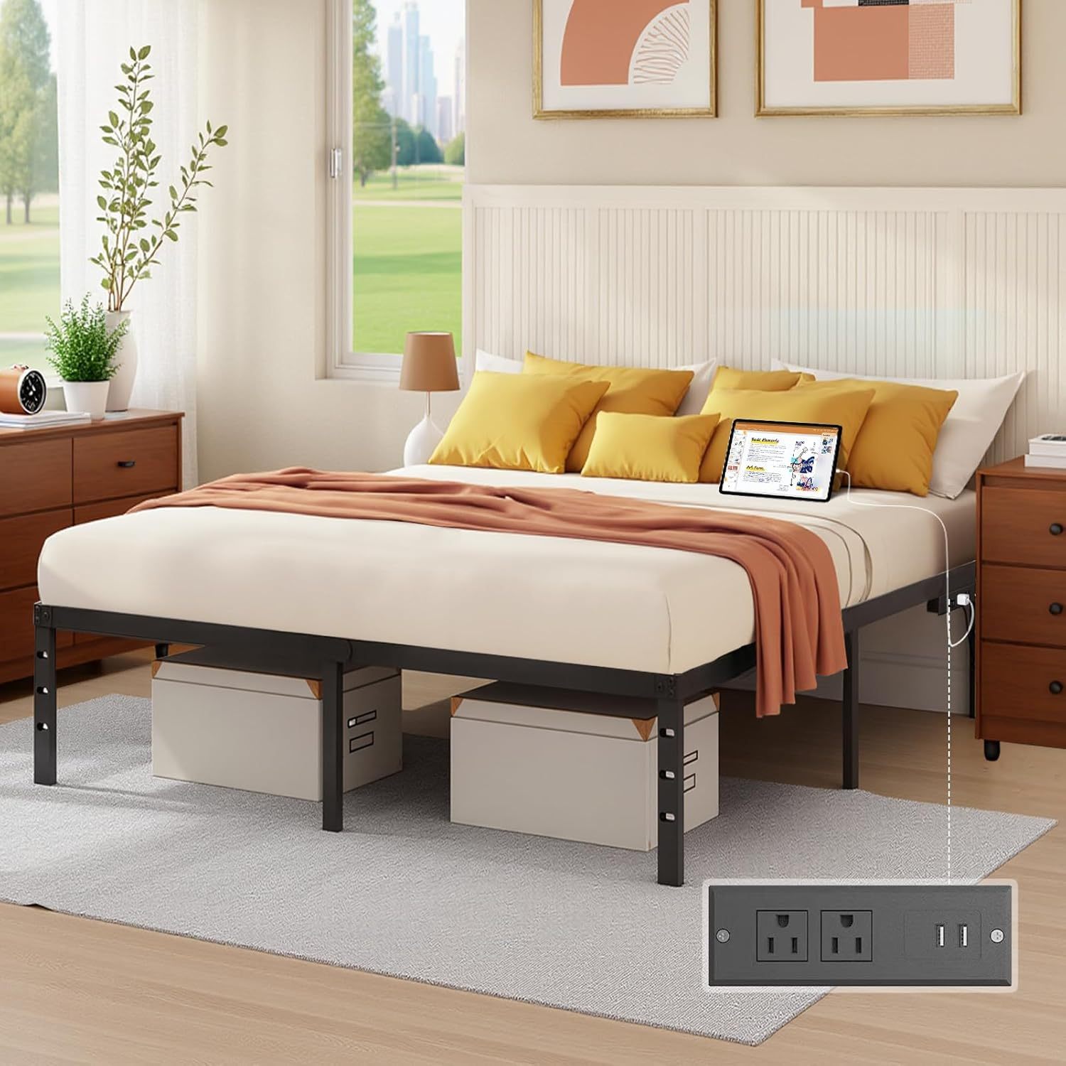 SAFONUS Simple and atmospheric Platform Metal Bed Frame, Under Bed Storage Space, Sturdy Frame (Double with Plug)