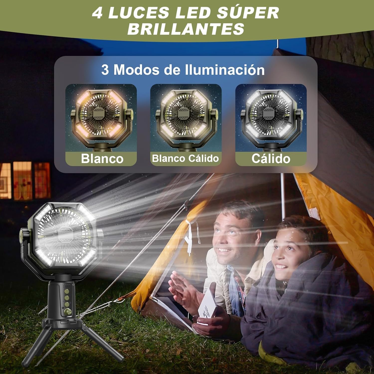 30000mAh Portable Camping Fan with Dual Motor, 8 Speeds, LED Light and Remote Control - Rechargeable Silent Fan for Outdoor/Tent/Construction Site with Power Bank Function, Green