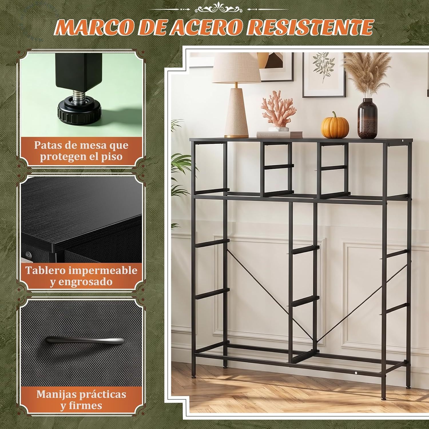 FURRIFIC Bedroom Dresser, with 10 Fabric Drawers, Side Pocket and Resistant Steel Structure, Clothes Organizer Furniture, Black