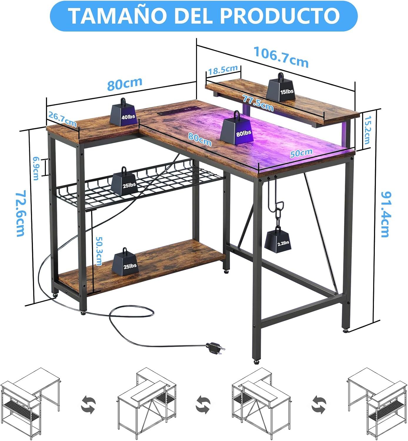 FURRIFIC L-Shaped Computer Desk, Minimalist Desk with Monitor Stand, Gamer Desk Steel Structure, Power Outlet, Headphone Coat Rack (Retro)