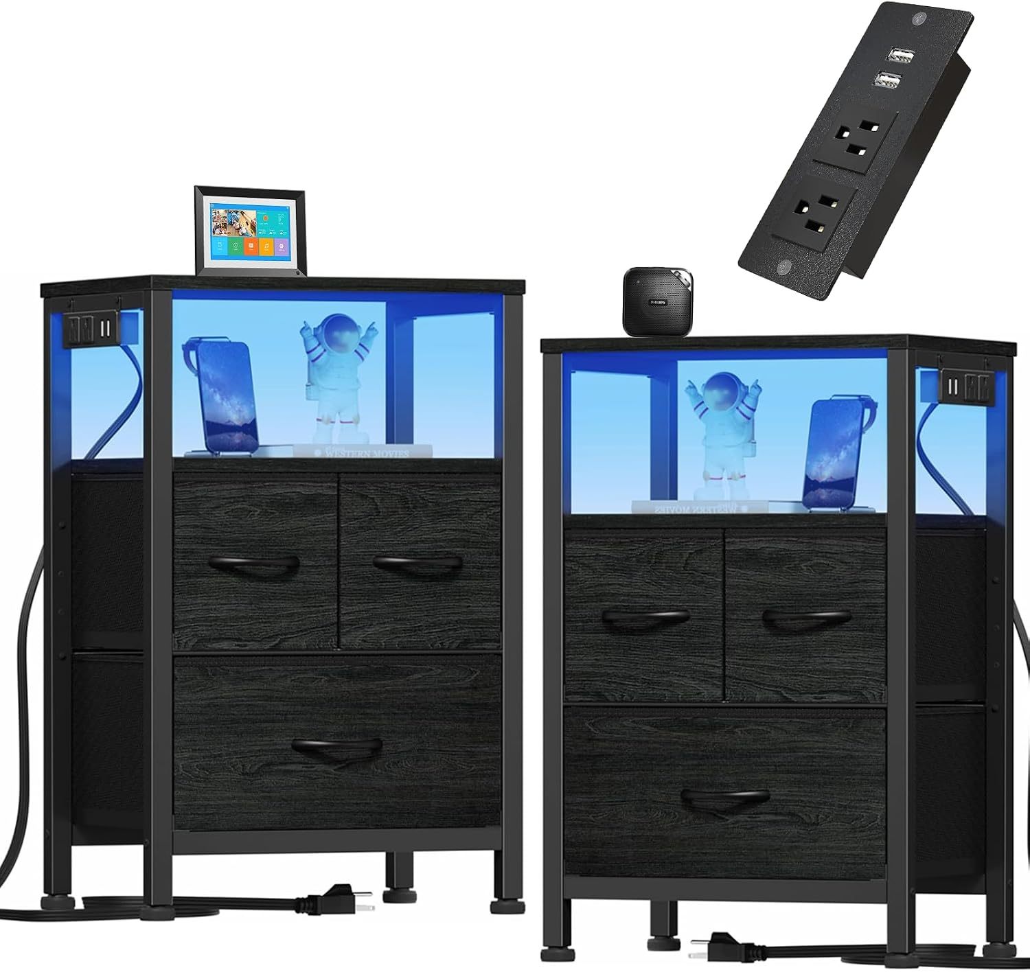 FURRIFIC Set of 2 Bedroom Desks with 2 Charging Stations (4 Outputs and 4 USB), Bedroom Nightstand, Bedside Table, Bedroom Furniture, Side Table, Bedroom and Lounge Cabinet (Black)