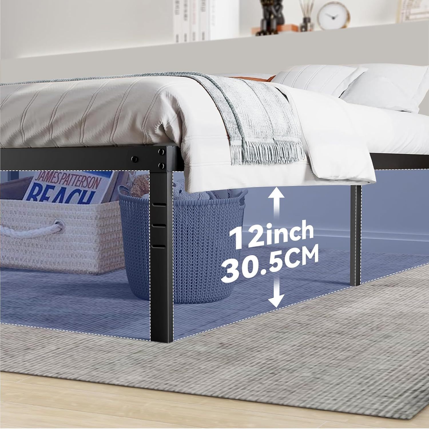 SAFONUS Simple and atmospheric Platform Metal Bed Frame, Under Bed Storage Space, Sturdy Frame (Single with Plug)