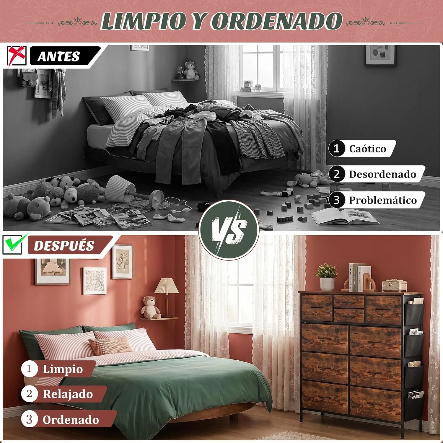 FURRIFIC Bedroom Dresser, with 10 Fabric Drawers, Side Pocket and Resistant Steel Structure, Clothes Organizer Furniture, Brown
