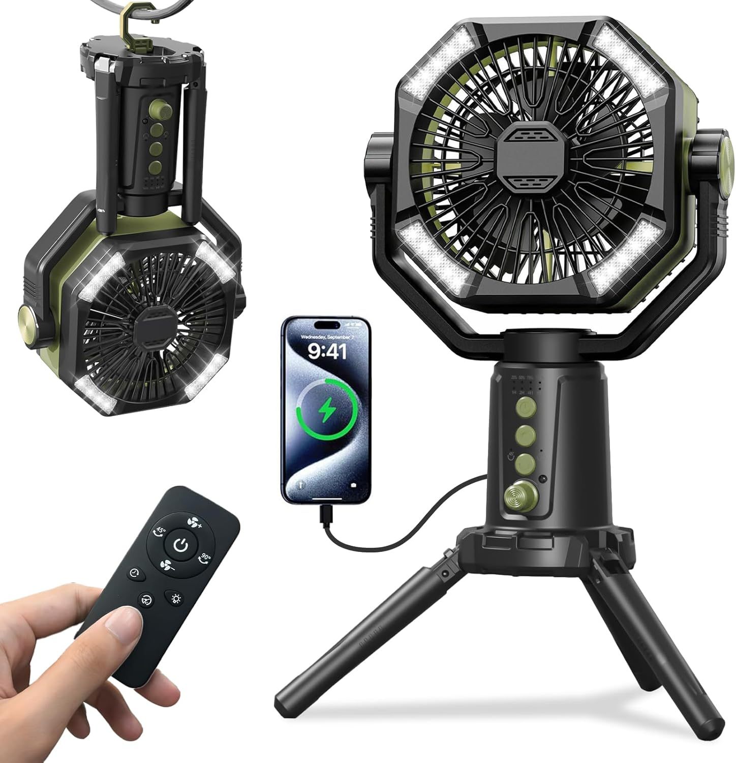 30000mAh Portable Camping Fan with Dual Motor, 8 Speeds, LED Light and Remote Control - Rechargeable Silent Fan for Outdoor/Tent/Construction Site with Power Bank Function, Green