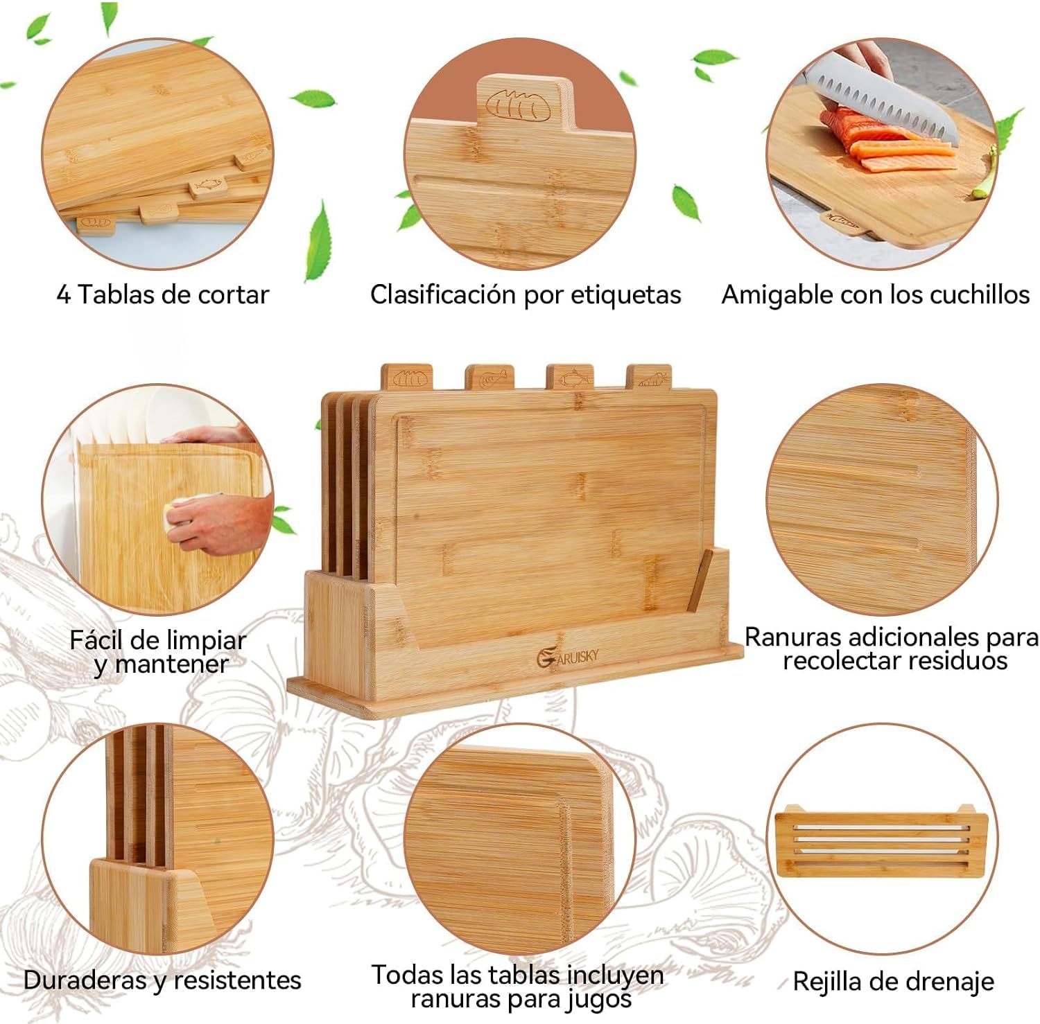 GARUISKY Set of 4 Kitchen Cutting Boards with Stand, Chopping Board Ideal for Meat, Cheese, Vegetables and Fruits, Kitchen Tools and Gadgets for Food Preparation, For Chef and Home
