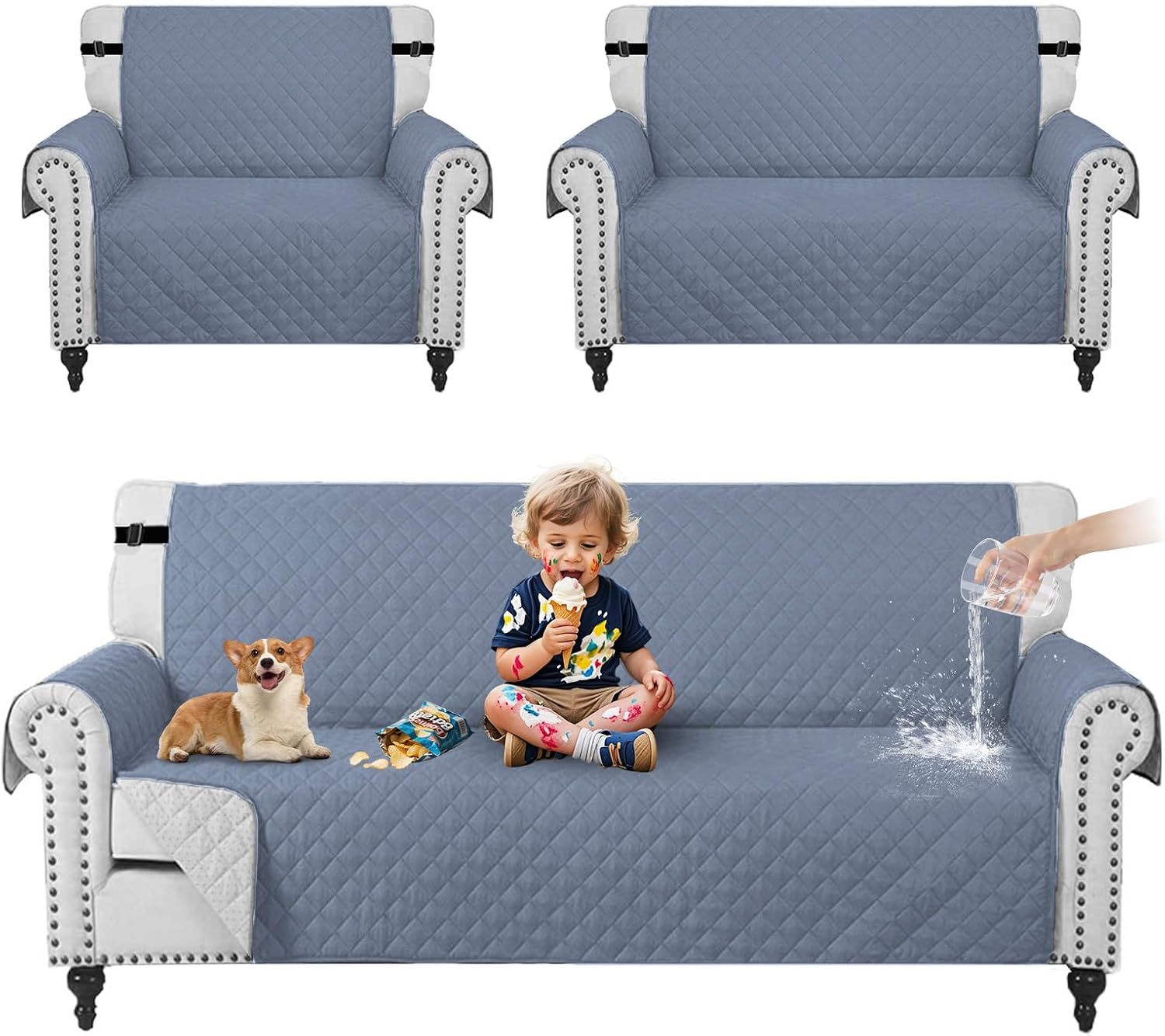 KACOTA 3 Piece Armchair Covers, Waterproof Anti-scratch Non-slip Washable Room Covers for Sofa, Super Soft and Elastic Fabric with Adjustable Buckle, Sofa Cover for Quilted