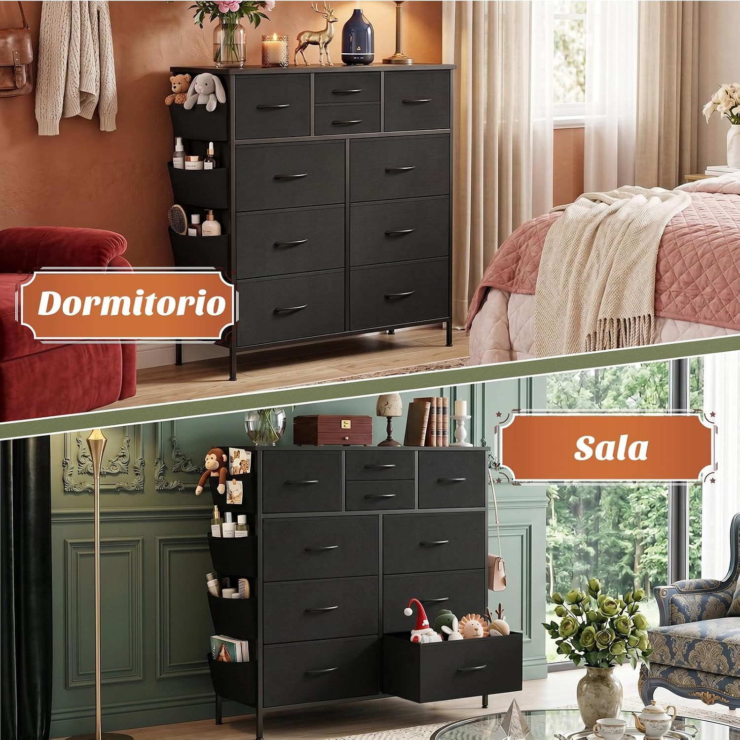 FURRIFIC Bedroom Dresser, with 10 Fabric Drawers, Side Pocket and Resistant Steel Structure, Clothes Organizer Furniture, Black
