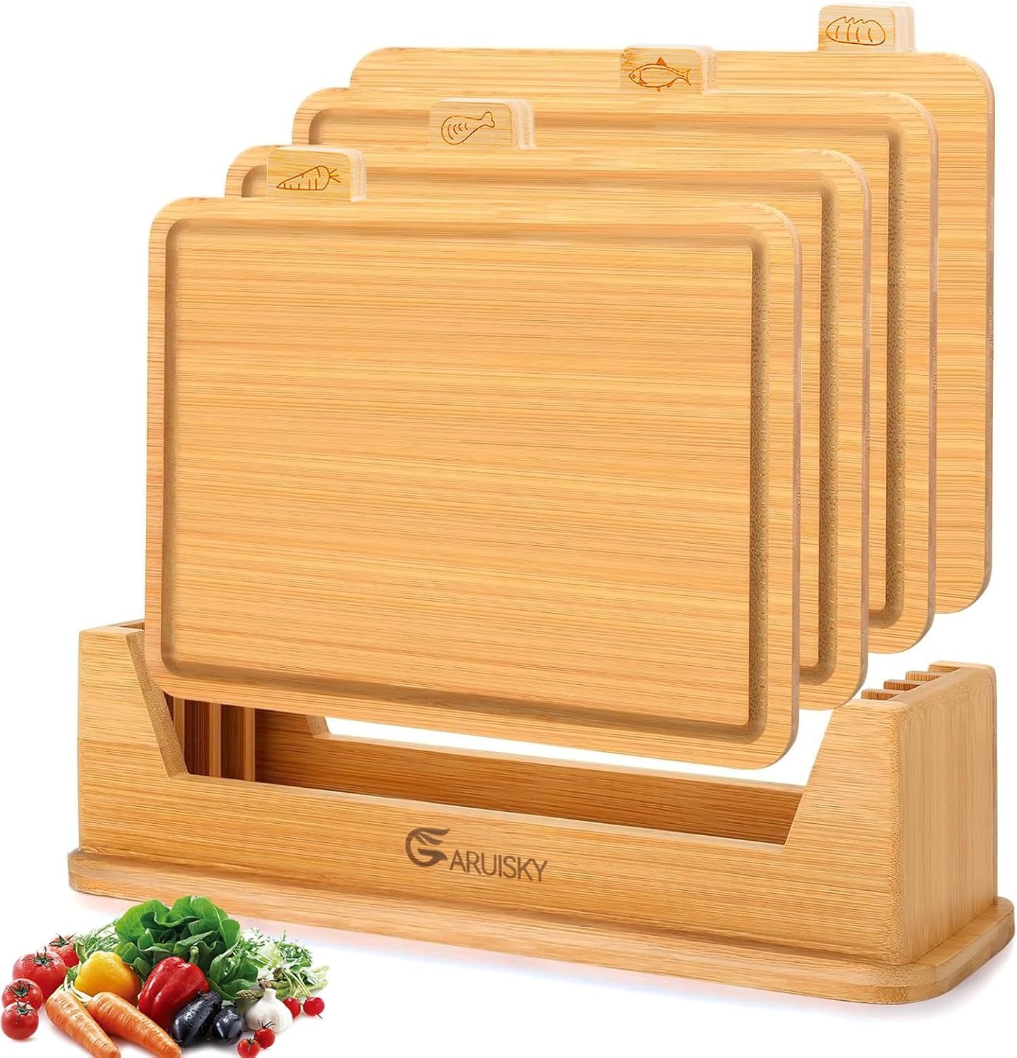 GARUISKY Set of 4 Kitchen Cutting Boards with Stand, Chopping Board Ideal for Meat, Cheese, Vegetables and Fruits, Kitchen Tools and Gadgets for Food Preparation, For Chef and Home