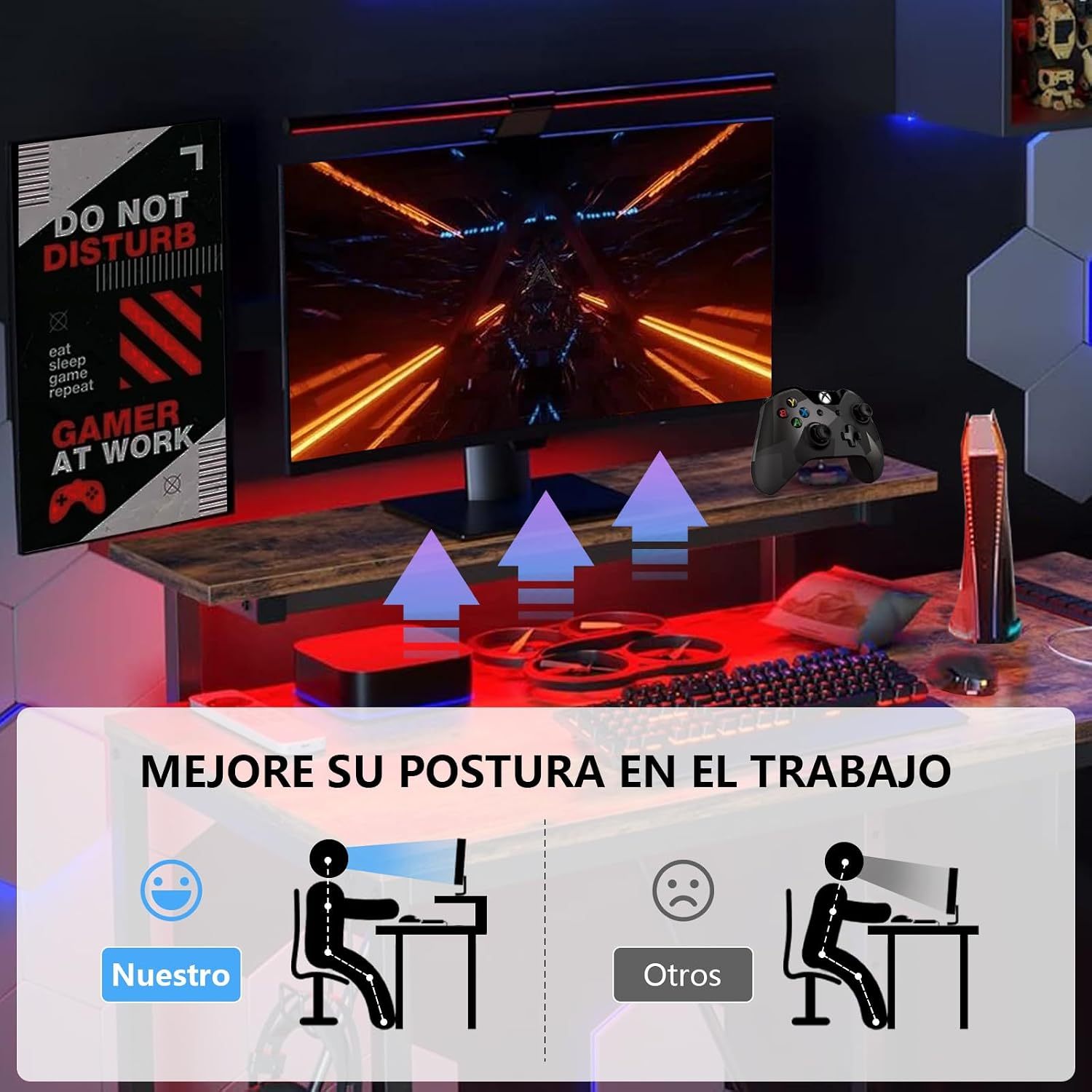 FURRIFIC L-Shaped Computer Desk, Minimalist Desk with Monitor Stand, Gamer Desk Steel Structure, Power Outlet, Headphone Coat Rack (Retro)