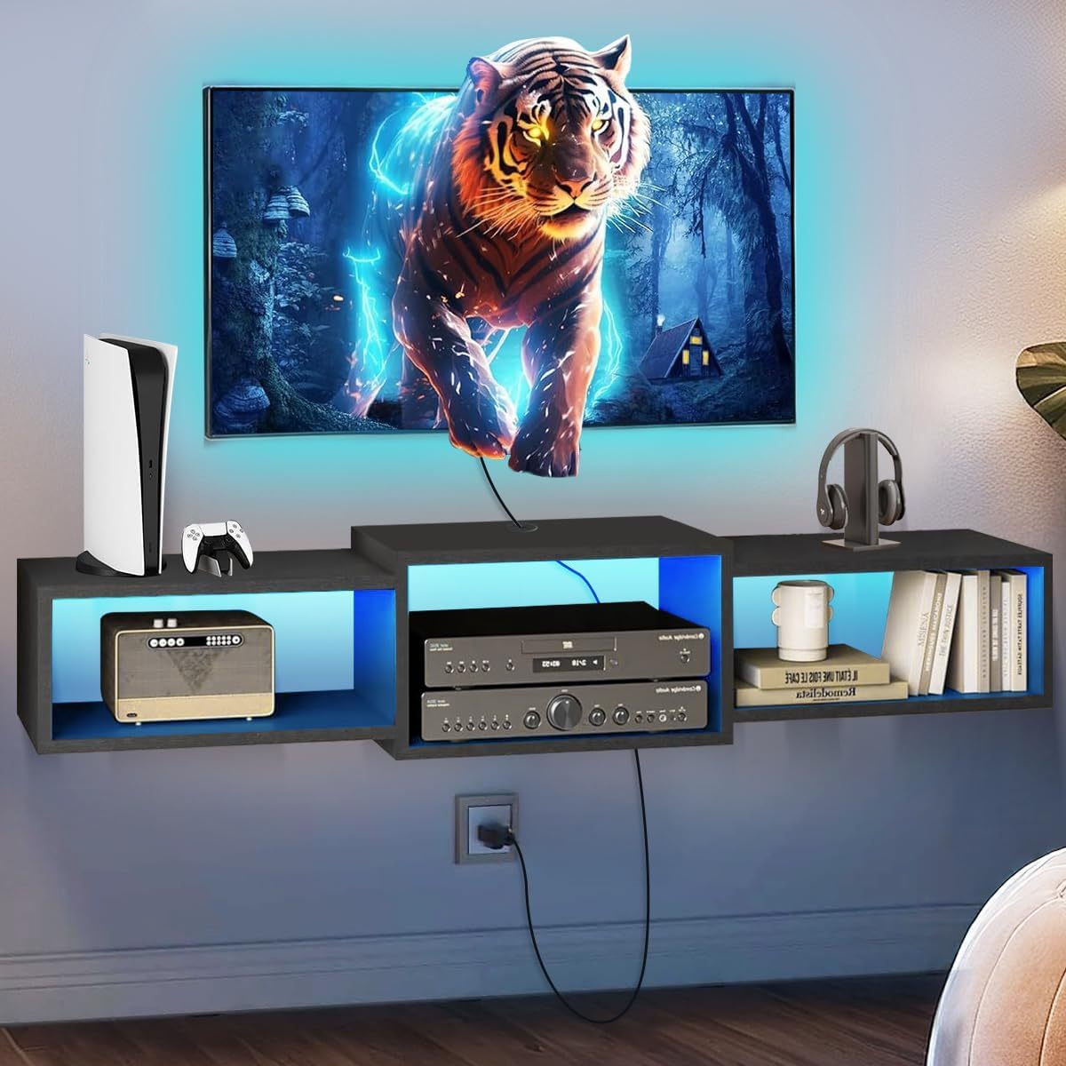FURRIFIC Floating TV Stand with LED Lights, TV Entertainment Center, 3 Open Spaces Ample Storage Space and Minimalist Design, Suitable for Living Room and Bedroom