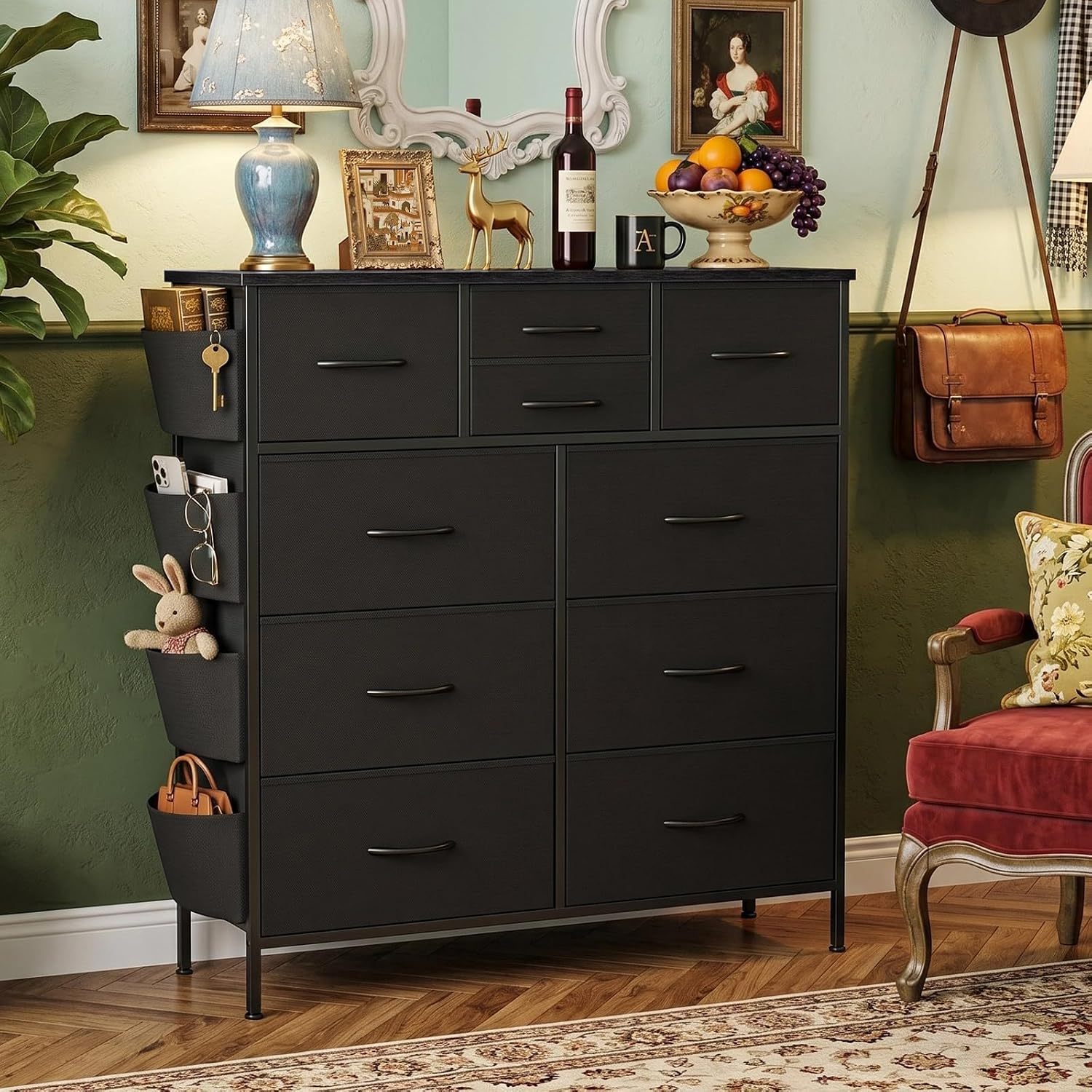FURRIFIC Bedroom Dresser, with 10 Fabric Drawers, Side Pocket and Resistant Steel Structure, Clothes Organizer Furniture, Black