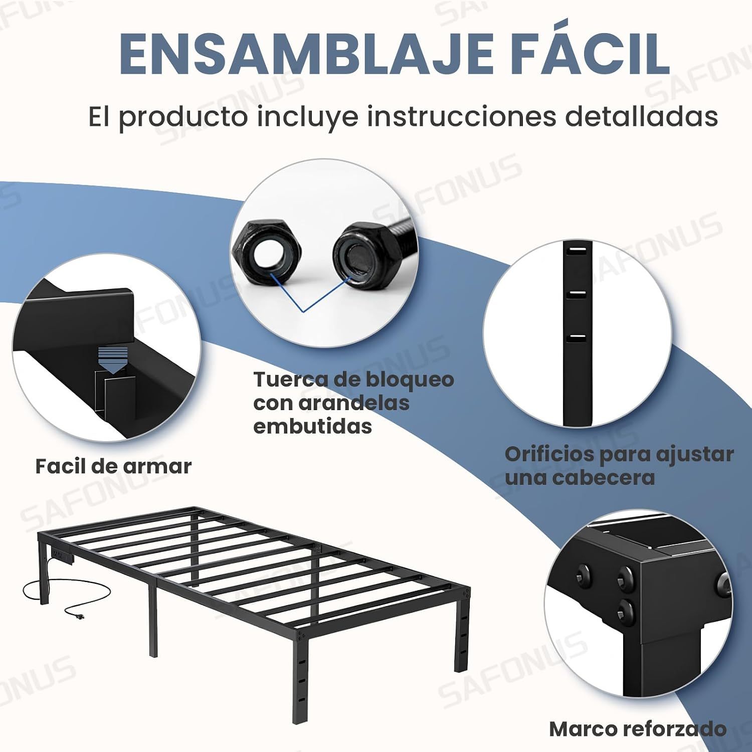 SAFONUS Simple and atmospheric Platform Metal Bed Frame, Under Bed Storage Space, Sturdy Frame (Single with Plug)