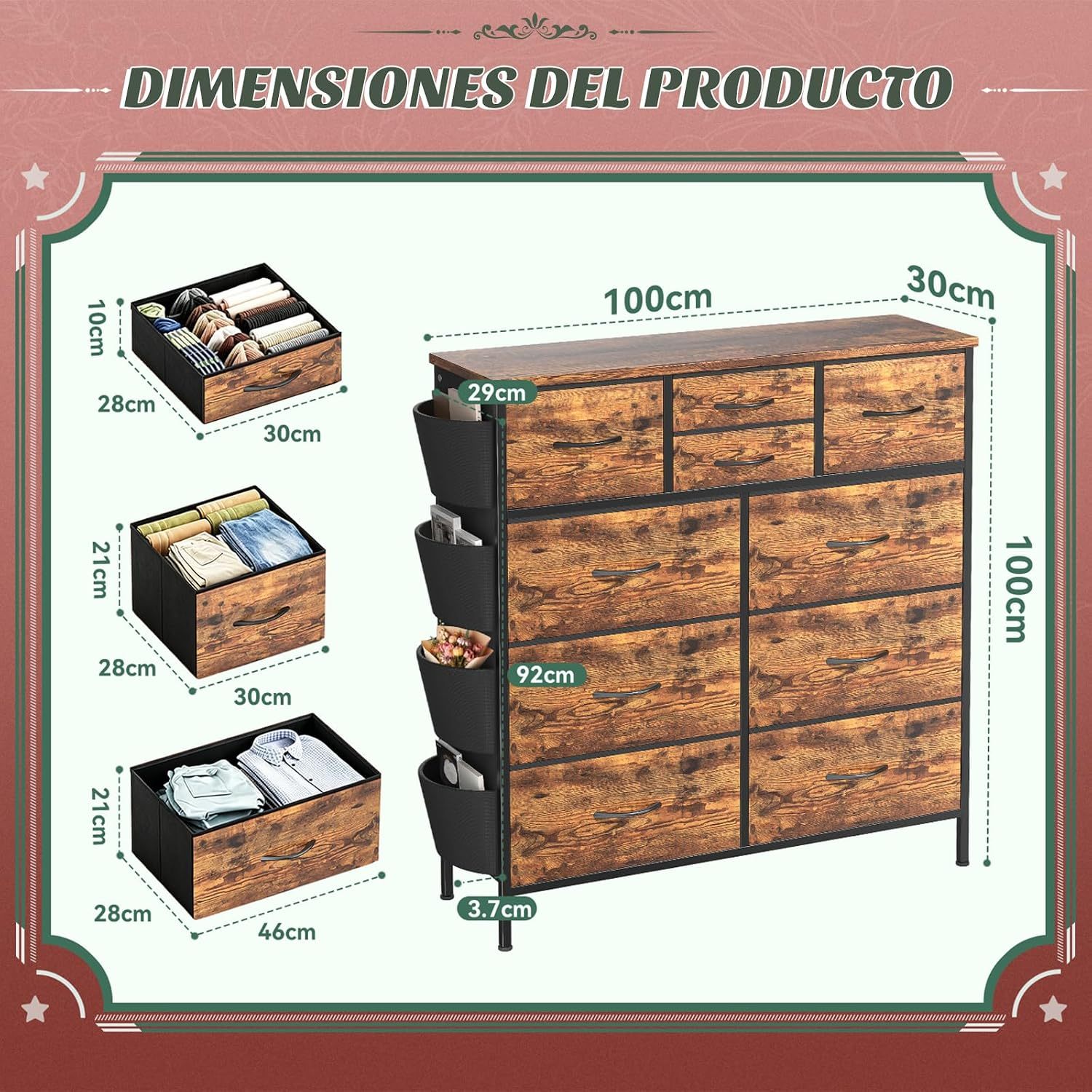 FURRIFIC Bedroom Dresser, with 10 Fabric Drawers, Side Pocket and Resistant Steel Structure, Clothes Organizer Furniture, Brown