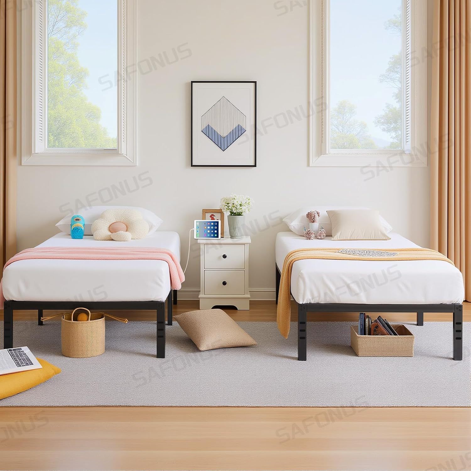 SAFONUS Simple and atmospheric Platform Metal Bed Frame, Under Bed Storage Space, Sturdy Frame (Single with Plug)