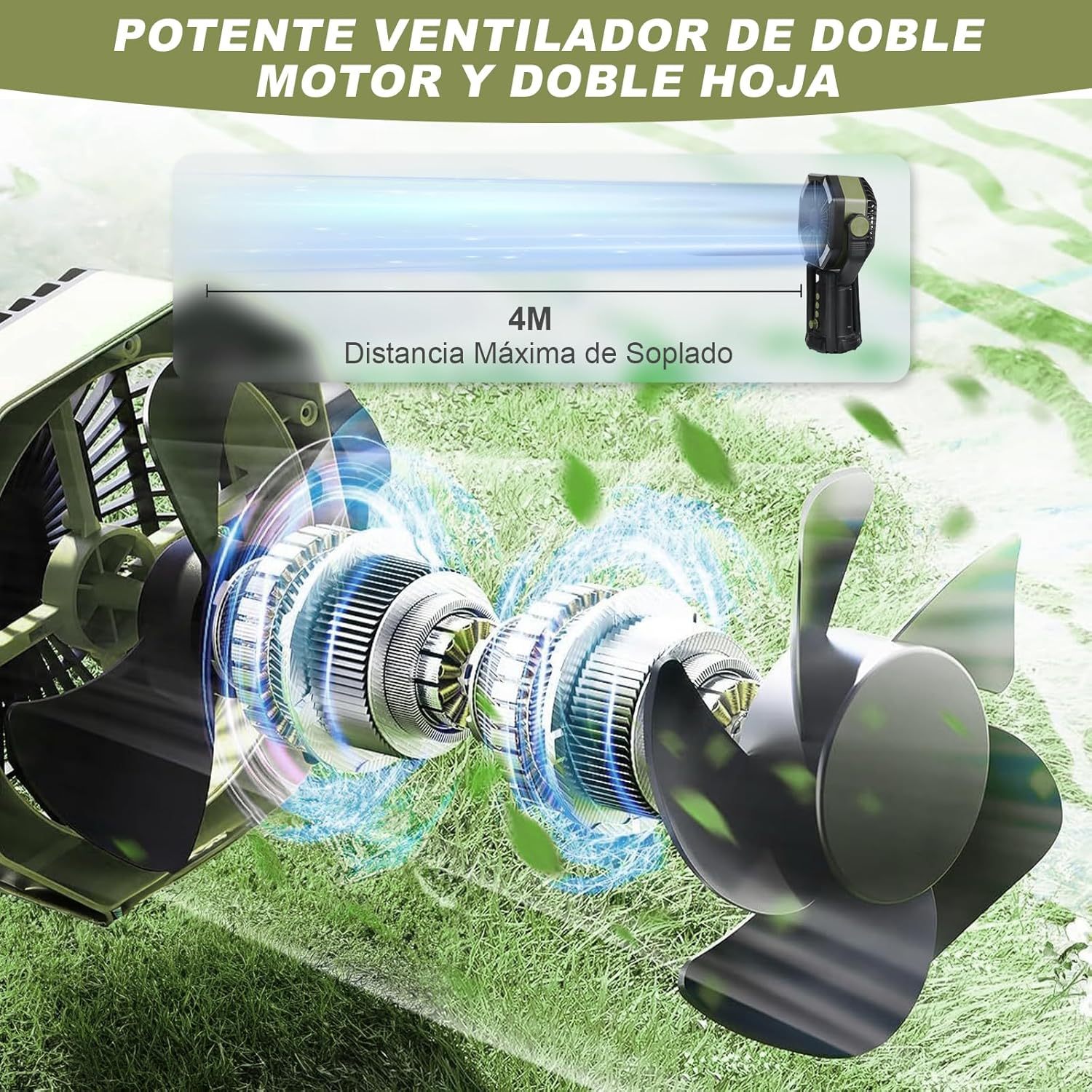 30000mAh Portable Camping Fan with Dual Motor, 8 Speeds, LED Light and Remote Control - Rechargeable Silent Fan for Outdoor/Tent/Construction Site with Power Bank Function, Green