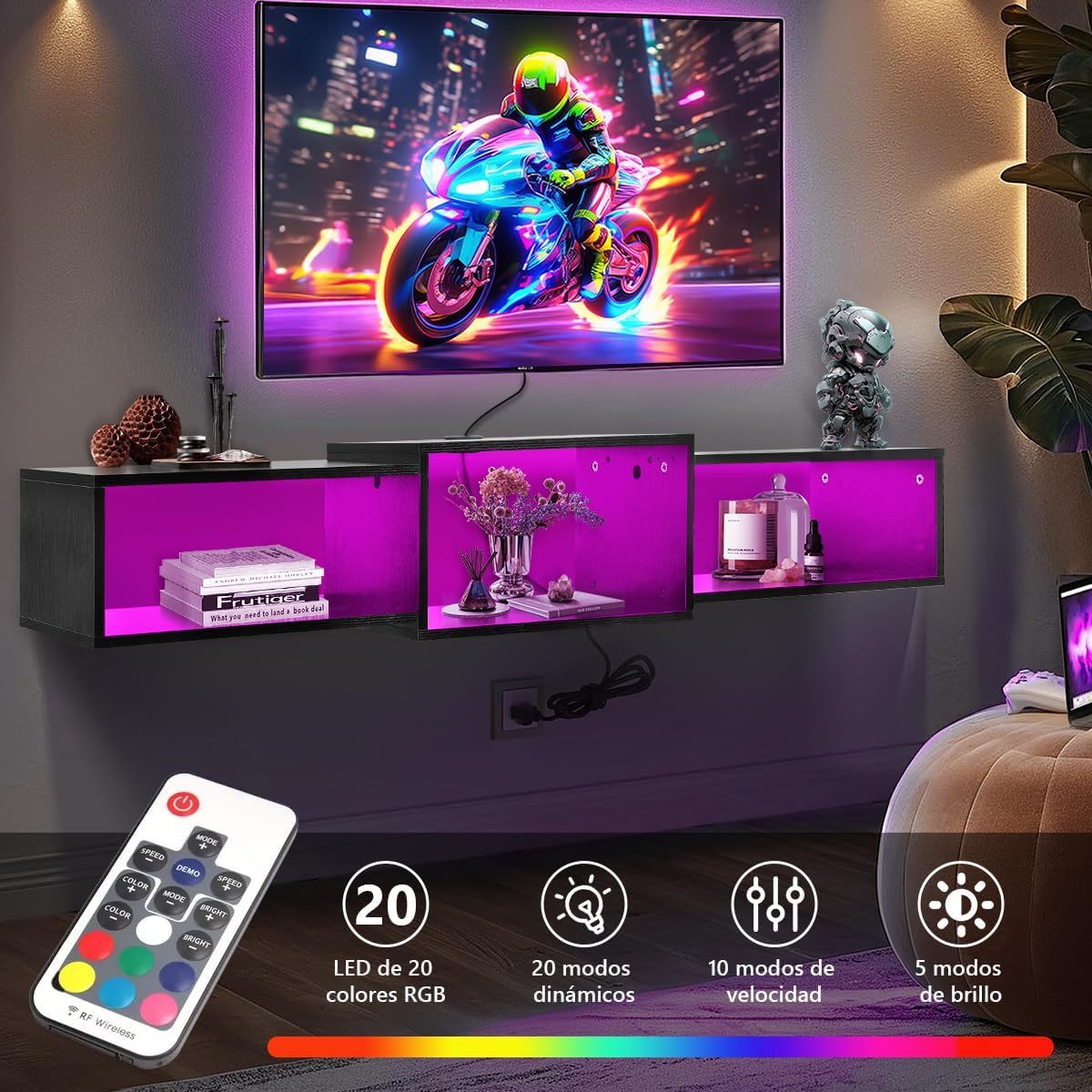 FURRIFIC Floating TV Stand with LED Lights, TV Entertainment Center, 3 Open Spaces Ample Storage Space and Minimalist Design, Suitable for Living Room and Bedroom