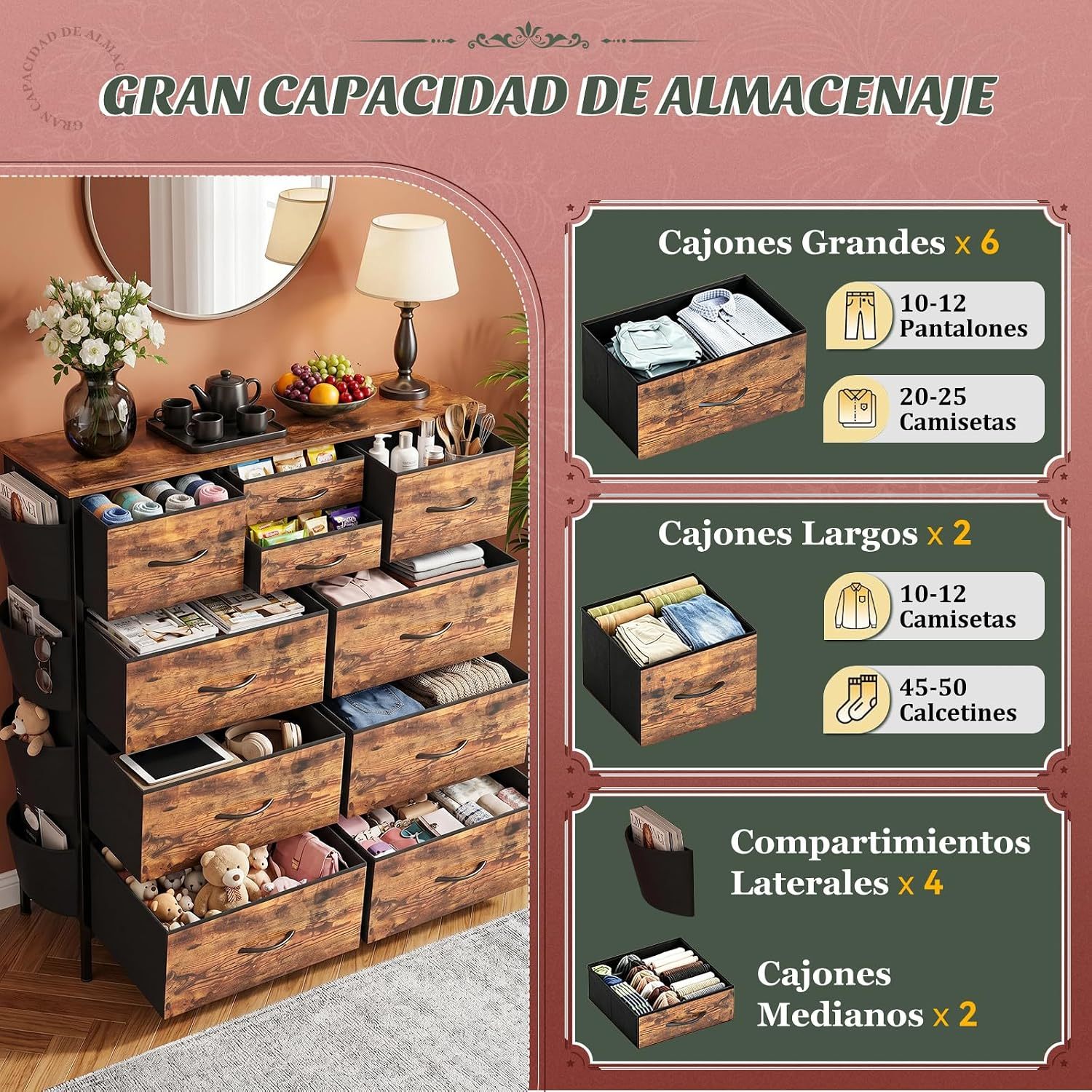 FURRIFIC Bedroom Dresser, with 10 Fabric Drawers, Side Pocket and Resistant Steel Structure, Clothes Organizer Furniture, Brown