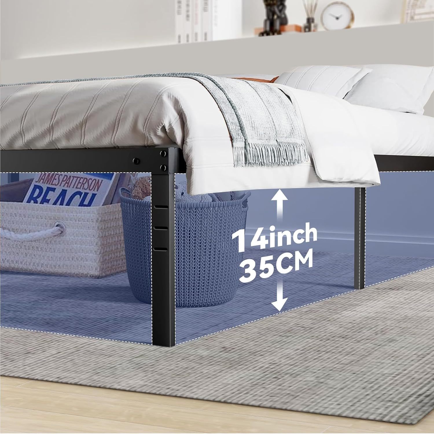 SAFONUS Simple and atmospheric Platform Metal Bed Frame, Under Bed Storage Space, Sturdy Frame (Double with Plug)