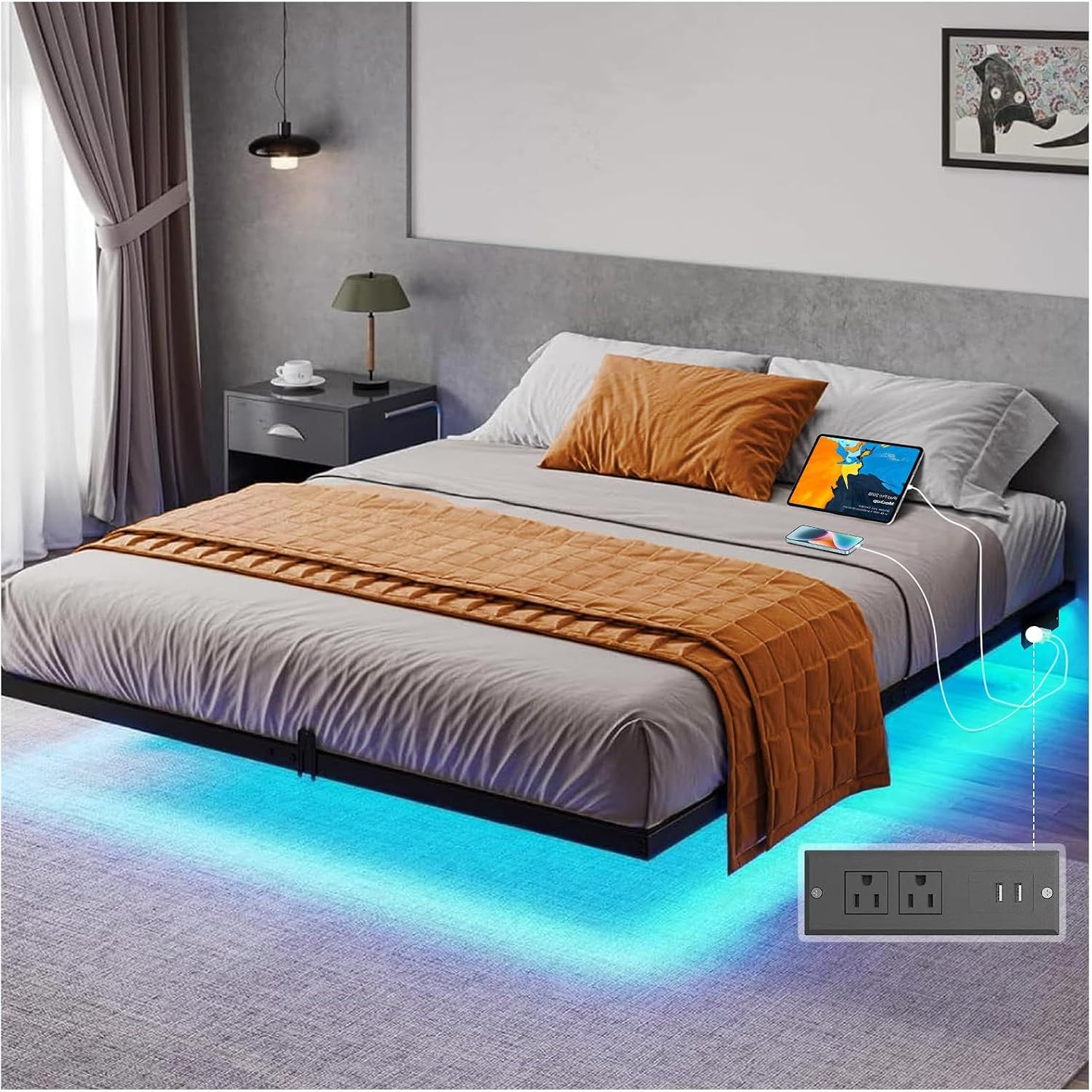SAFONUS Double Bed Base Floating - with Adjustable LED Lights, Power Strip with USB, Metal Platform with Resistant Steel Slats with 9 Support Points (Matrimonial)