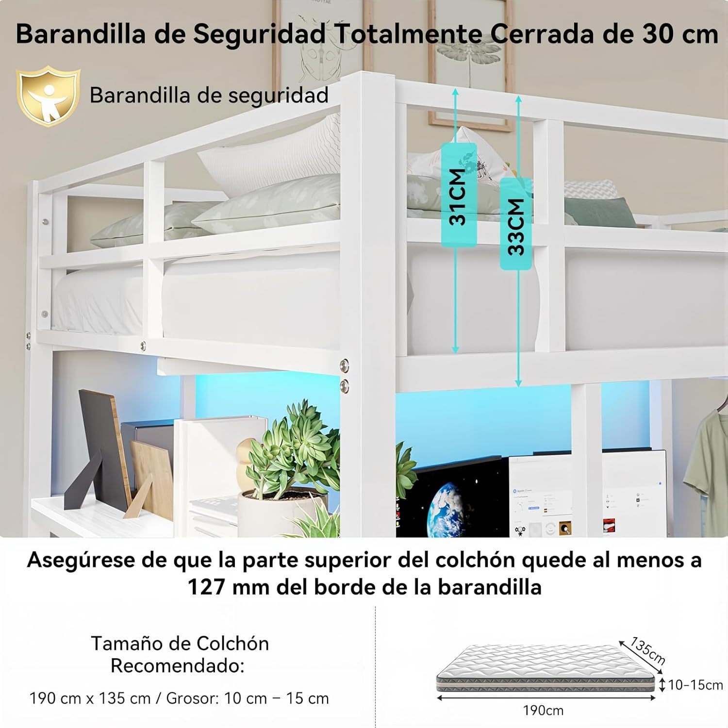 Double Bunk Bed with L-Shaped Desk and USB Charging, High Bed with RGB LED Lights, 3 Shelves and 3 Fabric Drawers, Reinforced Metal Bunk Bed with Storage, Double Bed for Bedroom, White