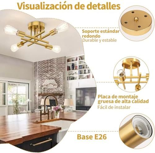 Dopwii Modern Ceiling Light, Sputnik Candeliers 4 Lights, Semi Flush Mount Pendant Light, Ceiling Light for Home Lamp, Dining Room, Bedroom and Kitchen (Gold)