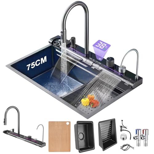 Kitchen Sink with Smart Digital Display, Double Waterfall and 13 Accessories, 80 * 46 * 22cm, 304 Stainless Steel Kitchen Sinks, Black Kitchen Sink, Upgraded Version.