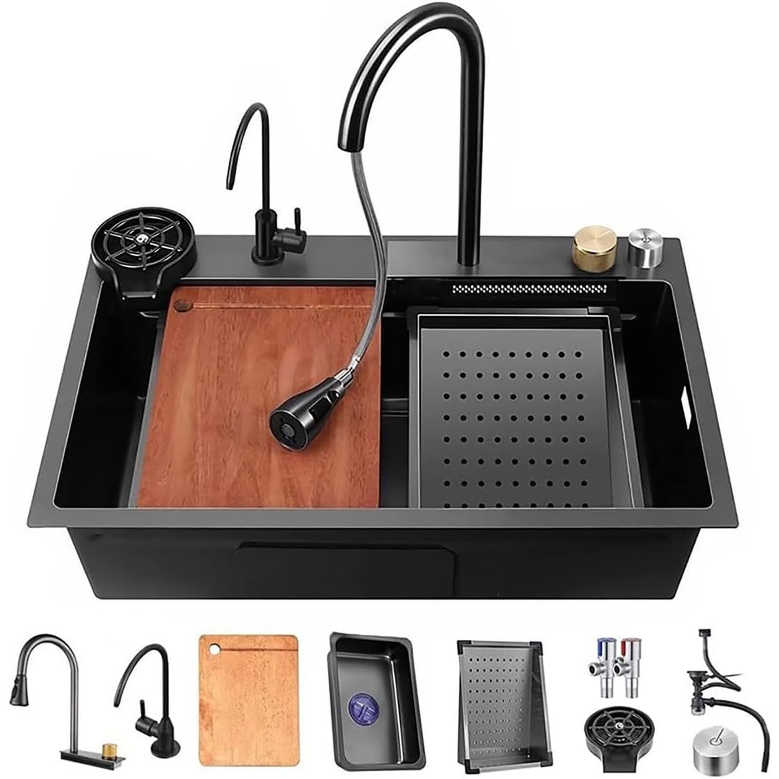 Kitchen Sink with Smart Digital Display, Double Waterfall and 10 Accessories, 75 * 46 * 22cm, 304 Stainless Steel Kitchen Sinks, Black Kitchen Sink