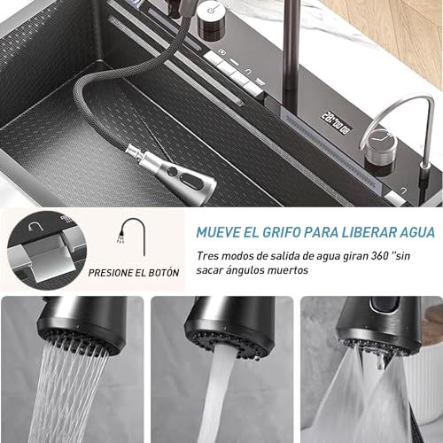 Kitchen Sink with Smart Digital Display, Double Waterfall and 13 Accessories, 75 * 46 * 22cm, 304 Stainless Steel Kitchen Sinks, Black Kitchen Sink, Upgraded Version.