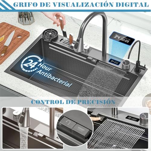 Kitchen Sink with Smart Digital Display, Double Waterfall and 10 Accessories, 75 * 46 * 22cm, 304 Stainless Steel Kitchen Sinks, Black Kitchen Sink