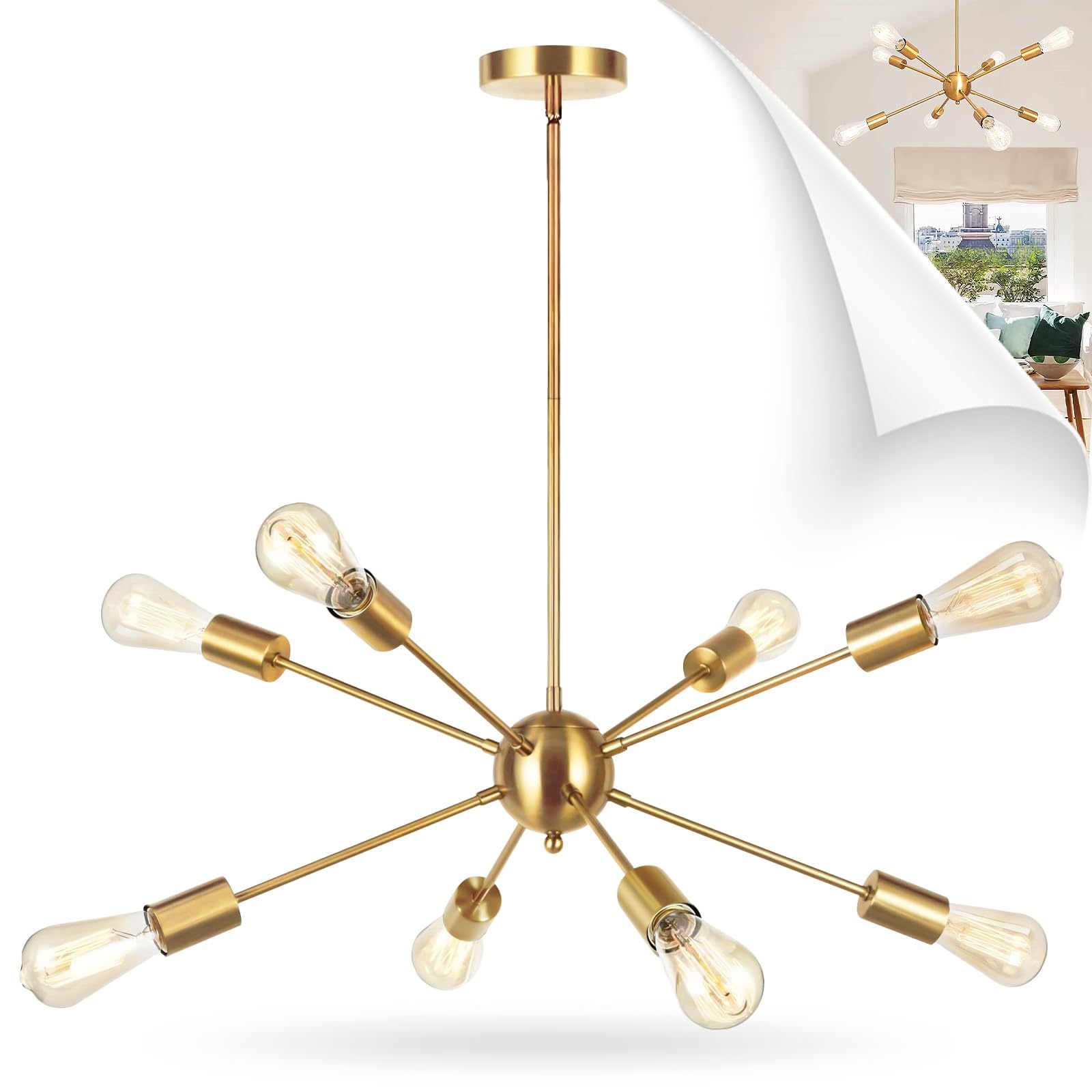 Dopwii Modern Ceiling Light, Sputnik Candeliers 8 Lights, Semi Flush Mount Pendant Lamp, Ceiling Light for Home Lamp, Dining Room, Bedroom and Kitchen (Gold)