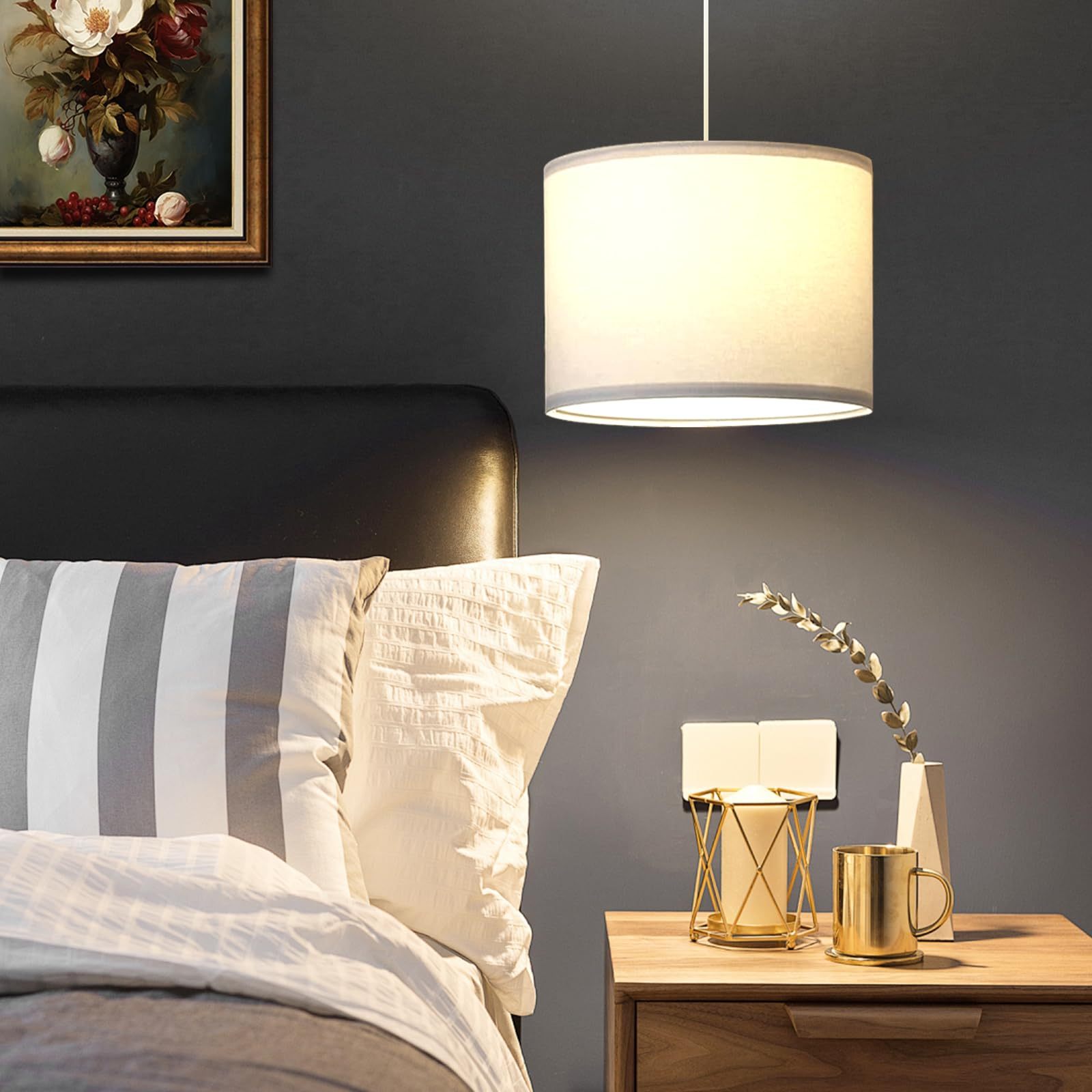 Modern Pendant Lamp, Plug-in Pendant Lamp with 4.5M Cable, On/Off Switch, Beige Linen Shade, Hanging Light for Bedroom, Kitchen, Living Room, Dining Table