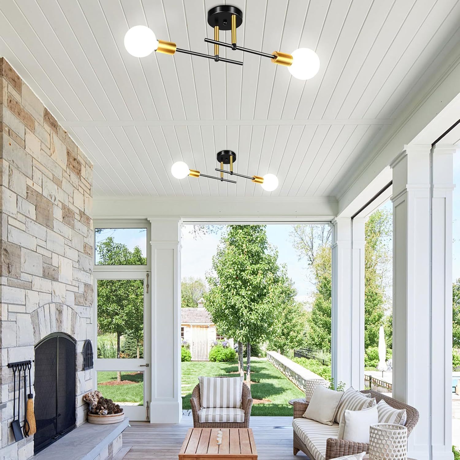 Dopwii Modern Ceiling Light, Sputnik Candeliers 2 Lights, Semi Flush Mount Pendant Light, Ceiling Light for Home Lamp, Dining Room, Bedroom and Kitchen (Black Gold)
