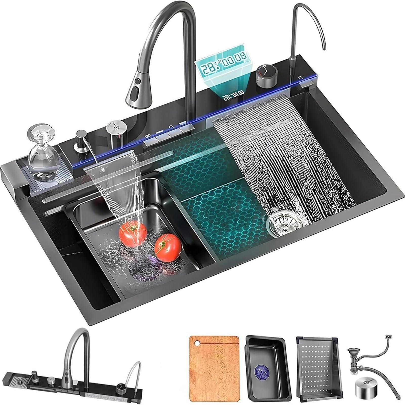 Kitchen Sink with Smart Digital Display, Double Waterfall and 10 Accessories, 75 * 46 * 22cm, 304 Stainless Steel Kitchen Sinks, Black Kitchen Sink