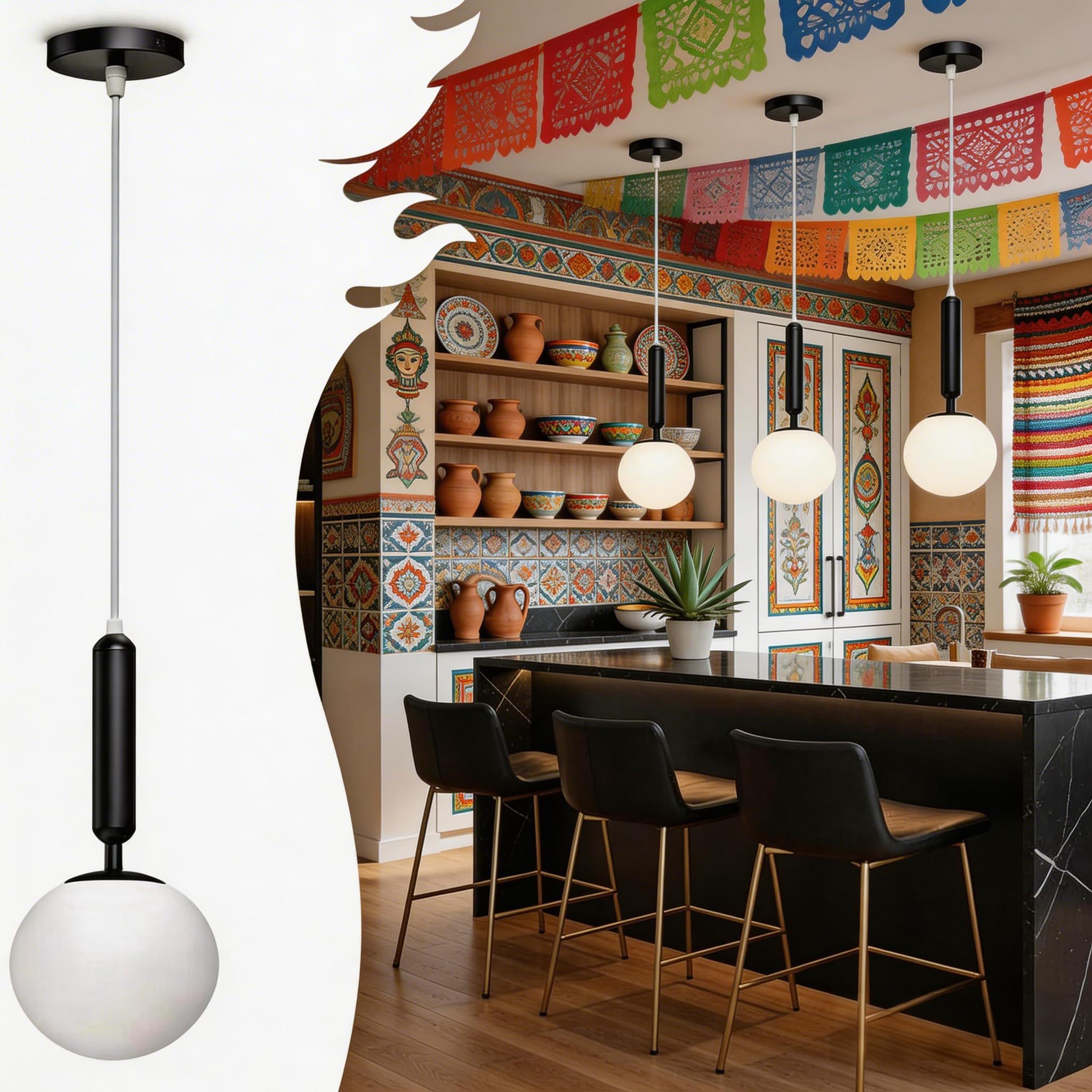Dopwii Glass Sphere Ceiling Lamp, Modern Sputnik Chandelier with Adjustable Cable, Semi Flush Mount Pendant Light for Bedroom, Dining Room and Kitchen, E26/E27 Base (Black)